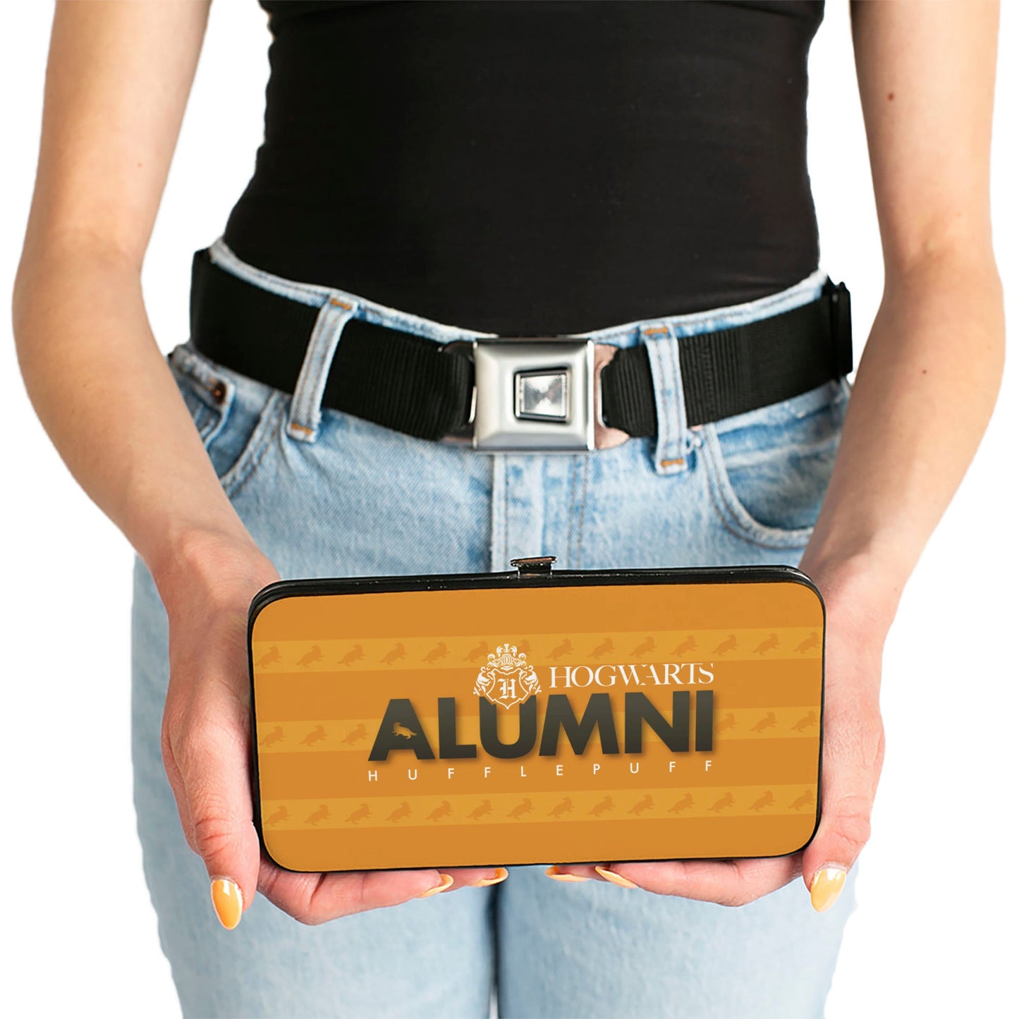 Hinged Wallet - HOGWARTS ALUMNI HUFFLEPUFF + Initial Monogram Badger Icon Stripe Golds White Grays