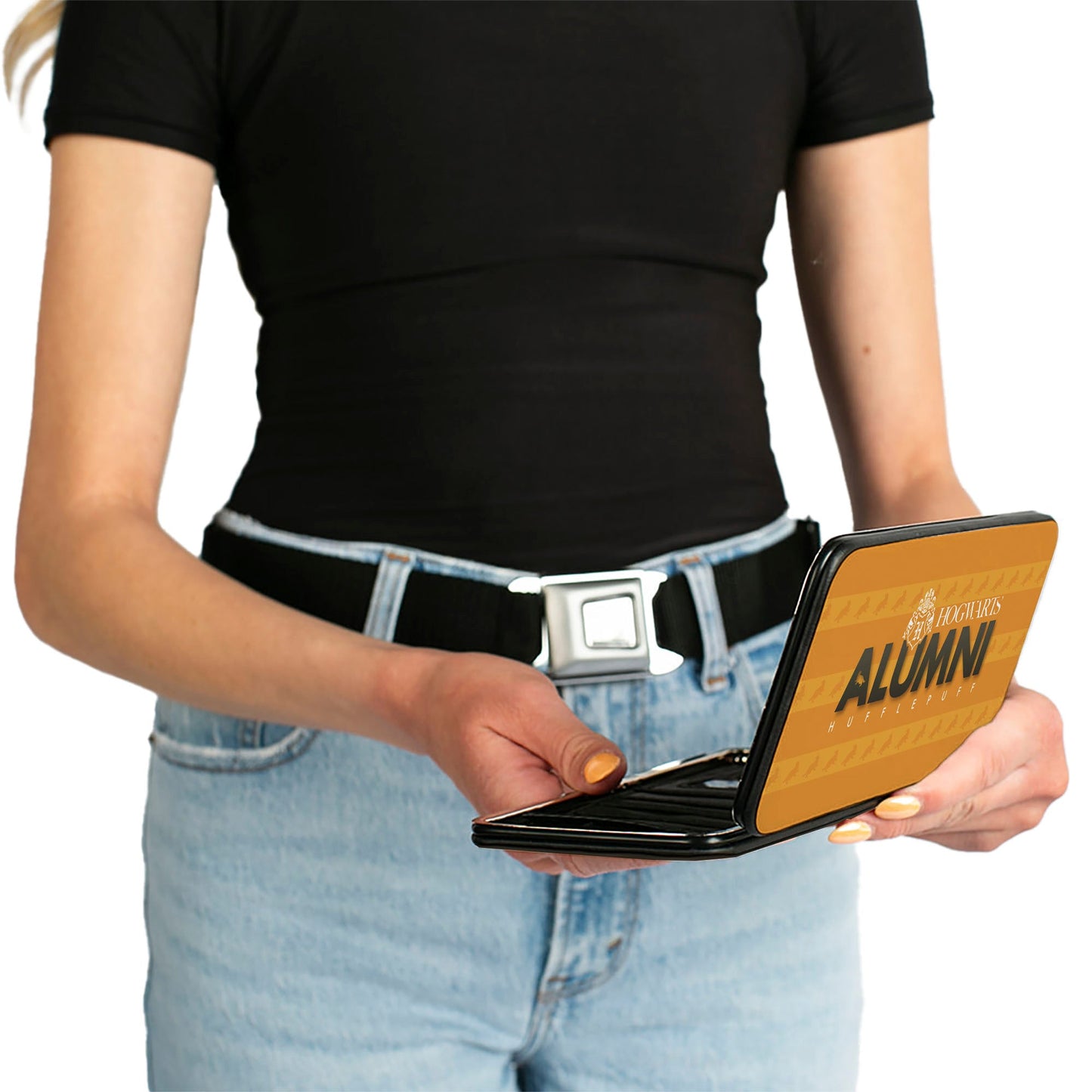Hinged Wallet - HOGWARTS ALUMNI HUFFLEPUFF + Initial Monogram Badger Icon Stripe Golds White Grays