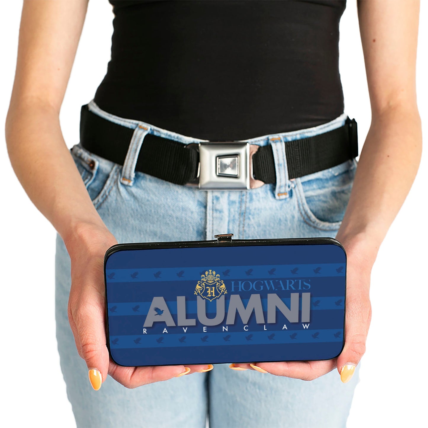 Hinged Wallet - HOGWARTS ALUMNI RAVENCLAW + Initial Monogram Eagle Icon Stripe Blues Gold Gray White