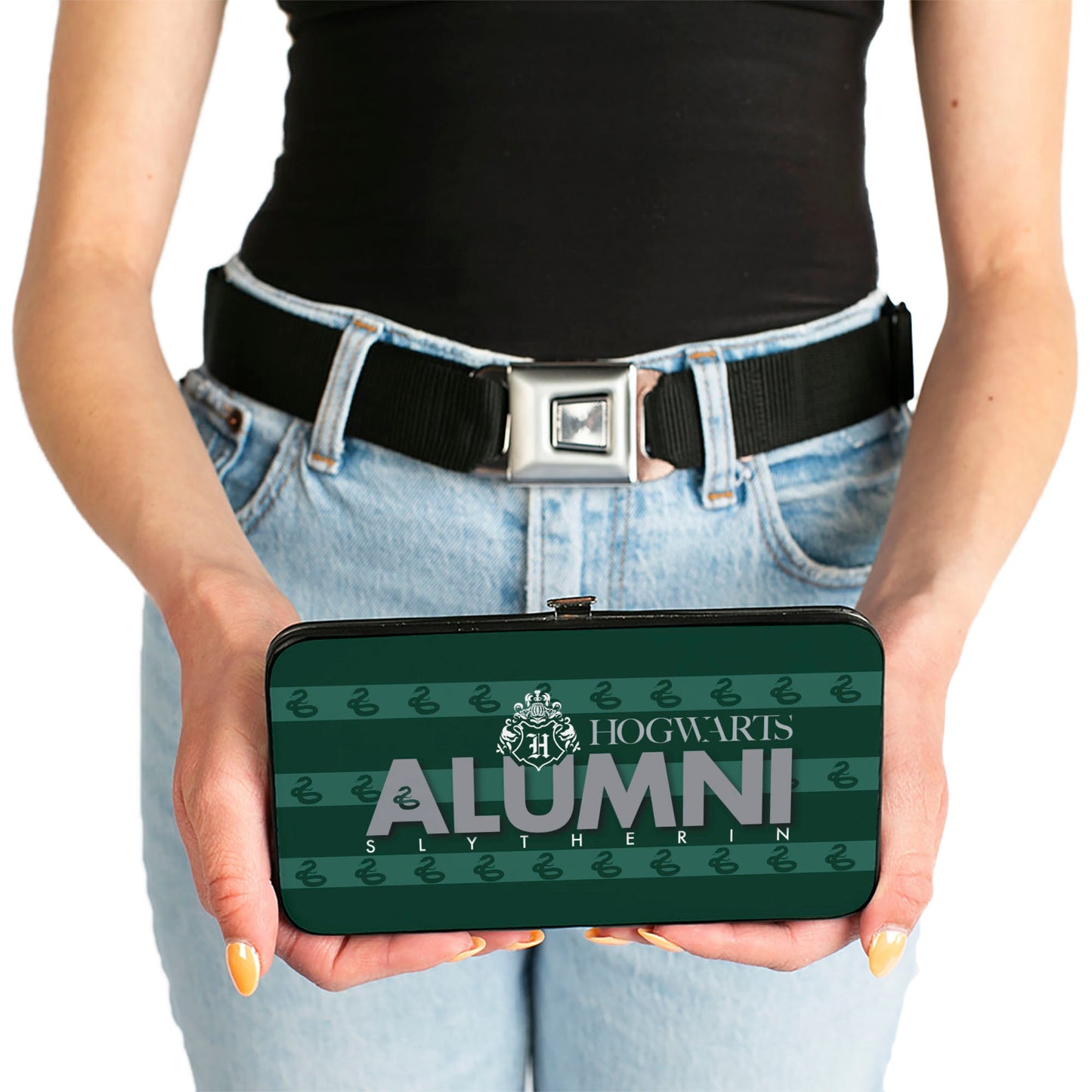 Hinged Wallet - HOGWARTS ALUMNI SLYTHERIN + Initial Monogram Snake Icon Stripe Greens White Grays