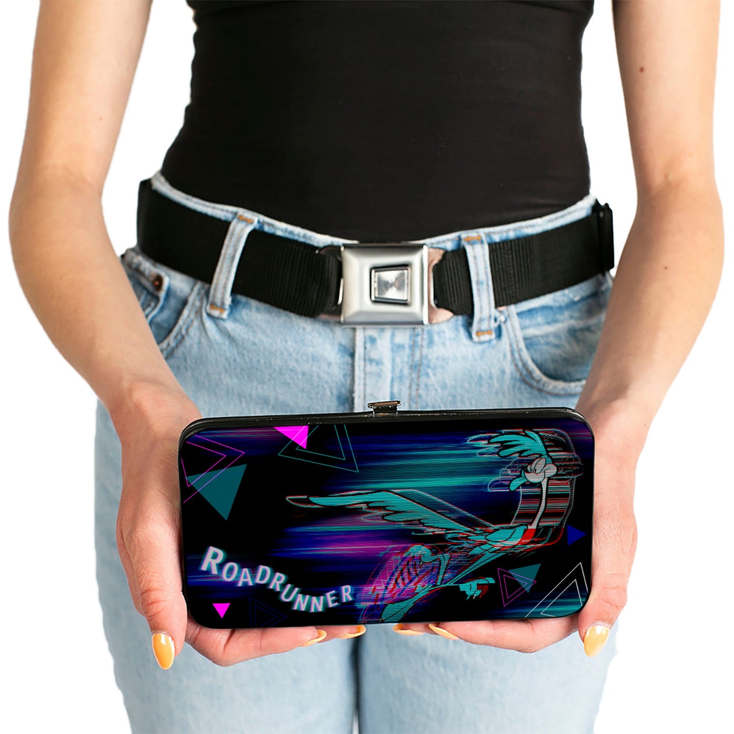 Hinged Wallet - ROAD RUNNER Action Pose Streak Triangles Black Blues Pinks
