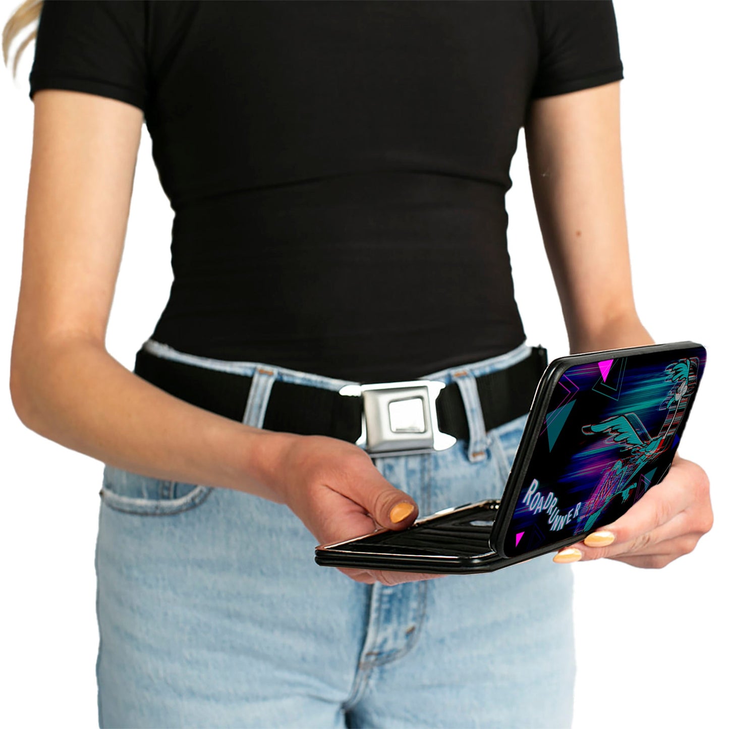 Hinged Wallet - ROAD RUNNER Action Pose Streak Triangles Black Blues Pinks