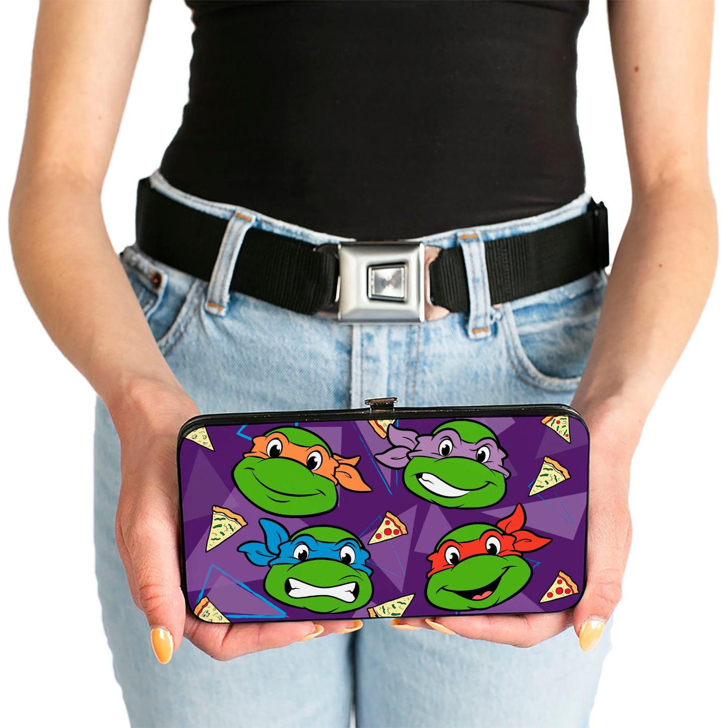 Hinged Wallet - Classic Teenage Mutant Ninja Turtles Faces + I "PIZZA-HEART" TMNT Purple Triangles Pizza