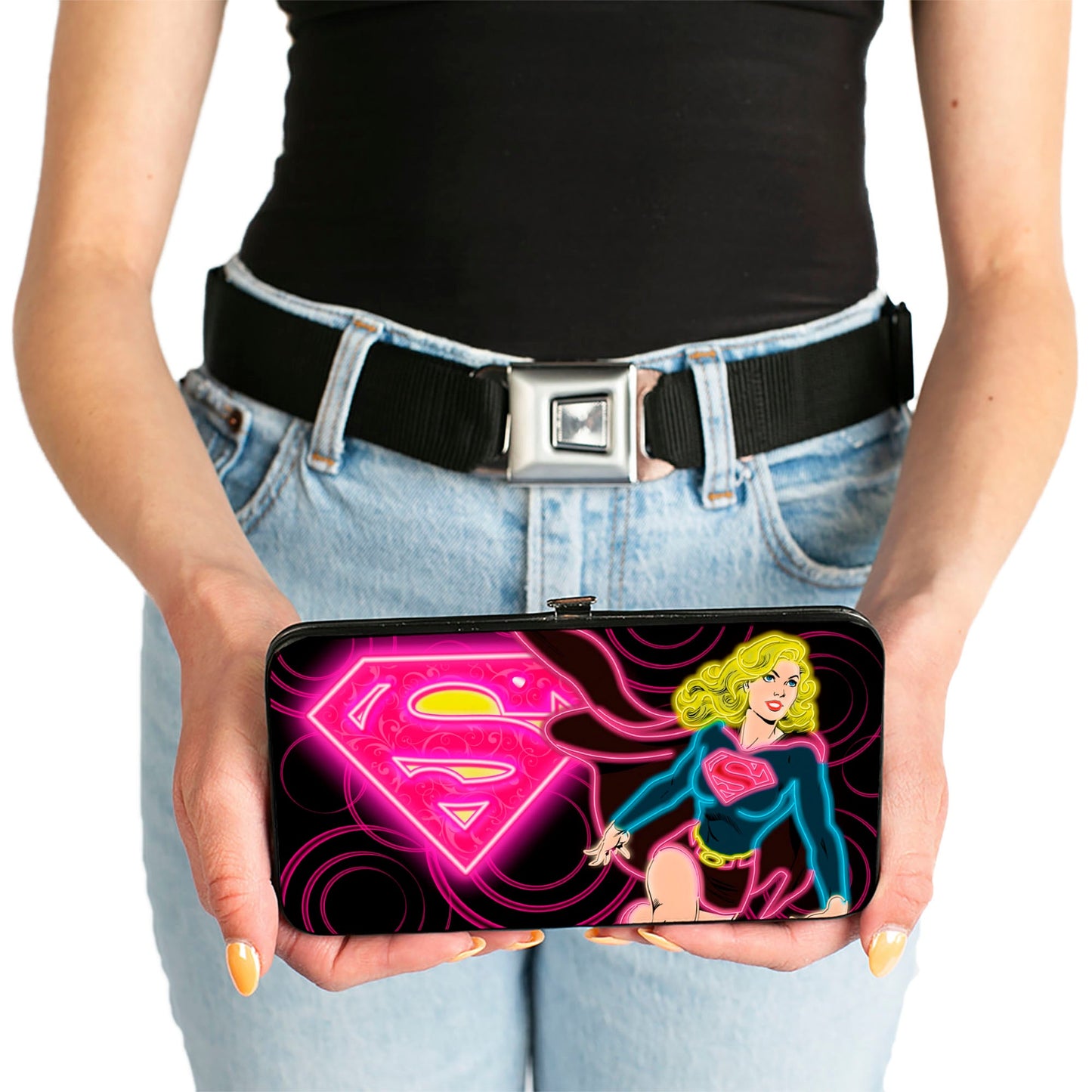 Hinged Wallet - Neon Super Shield Supergirl Pose Rings Black Pinks Yellow