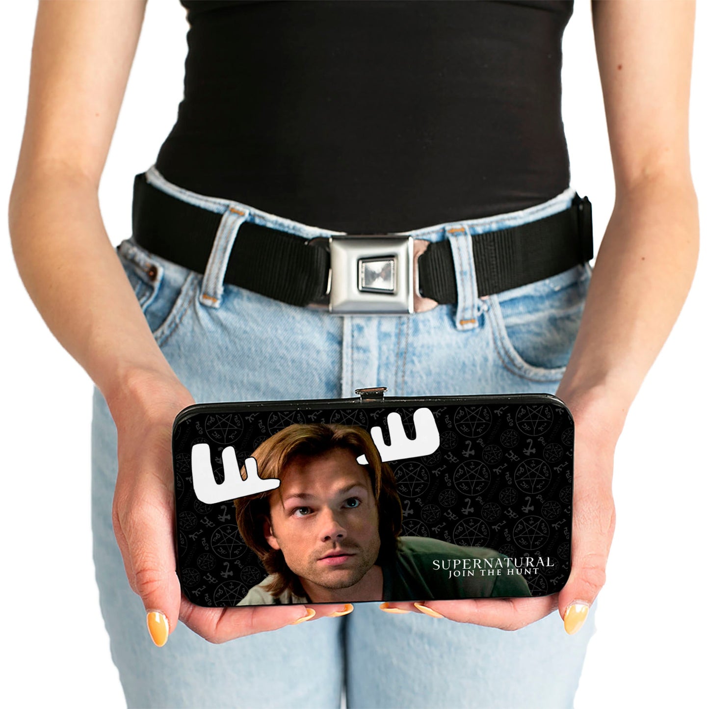 Hinged Wallet - SUPERNATURAL Sam Moose + Dean Sqirrel Poses Scattered Symbols Black Gray White