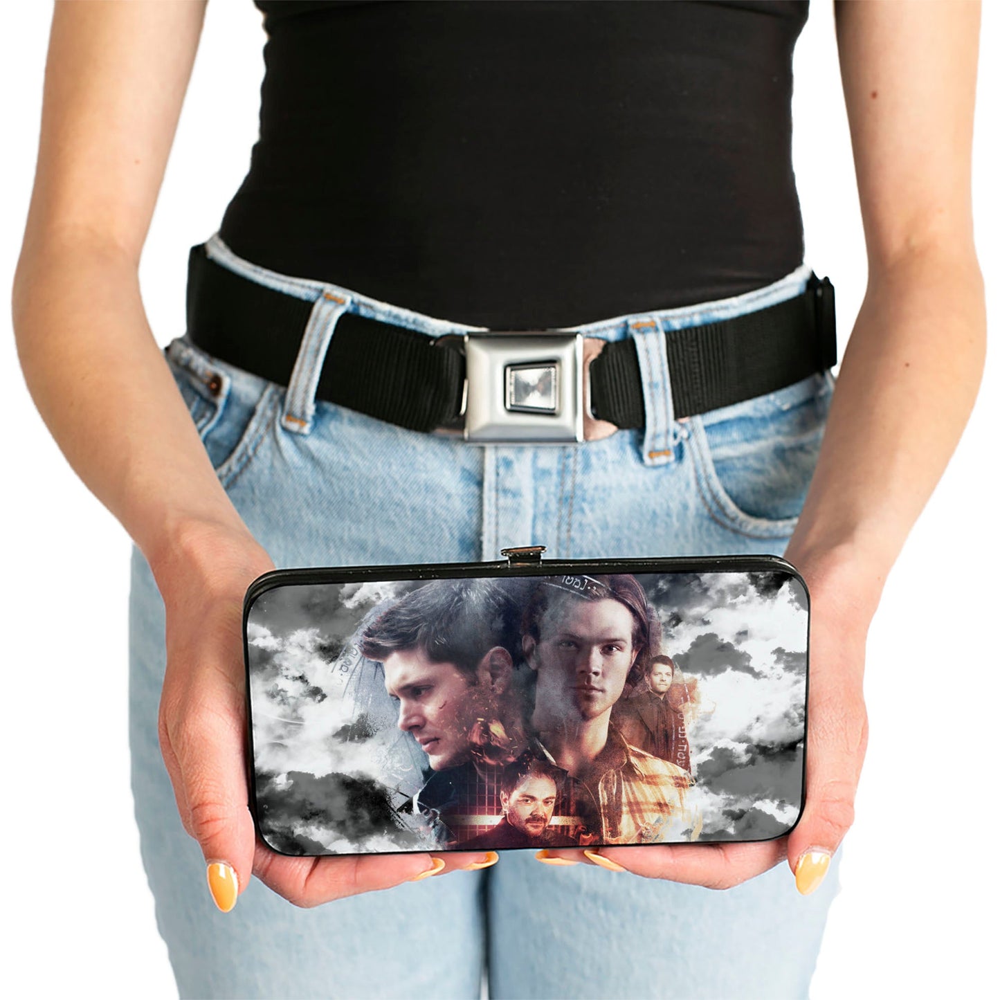 Hinged Wallet - Supernatural 4-Character Collage + Logo Clouds Grays Sepia