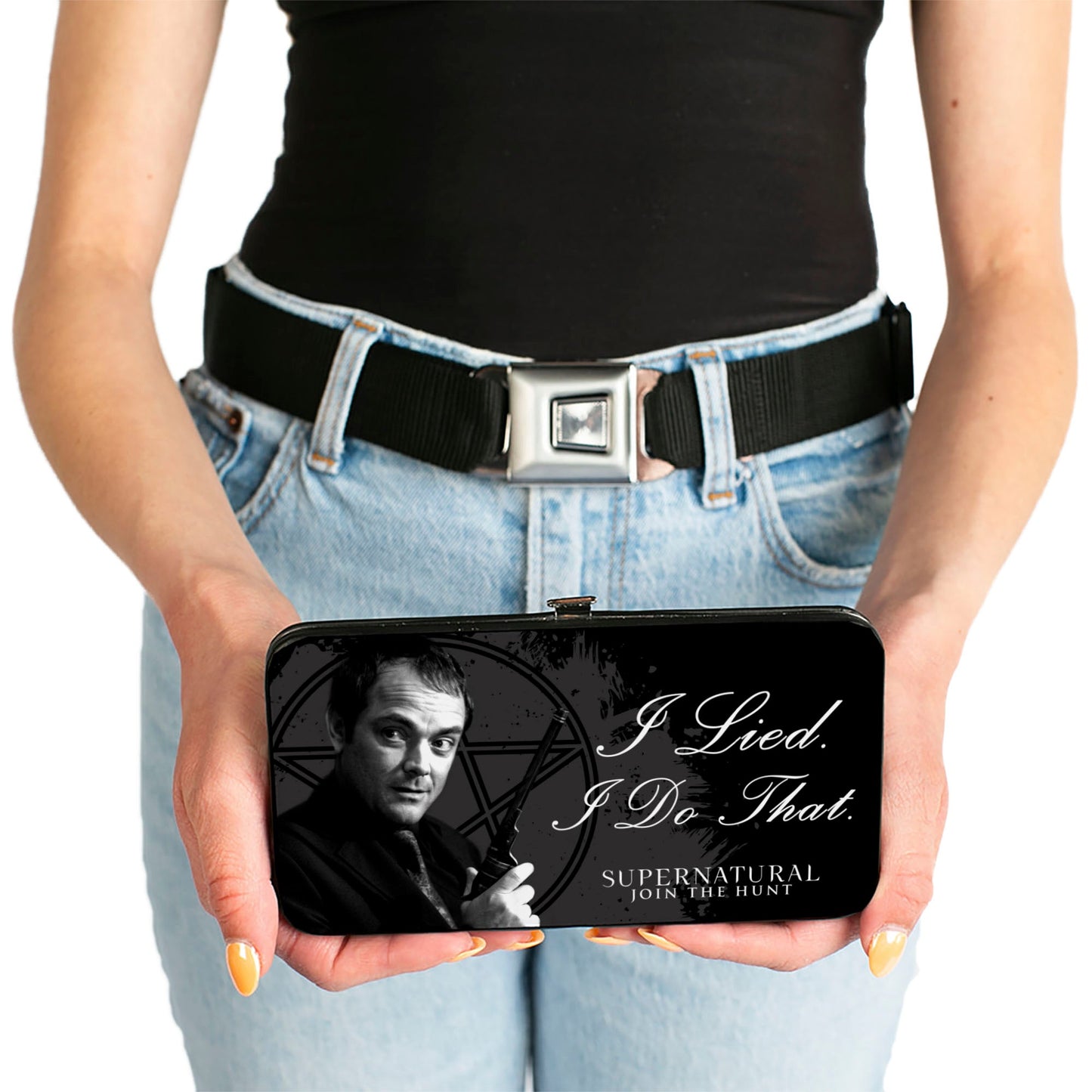 Hinged Wallet - Crowley I LIED- I DO THAT Pentagram Black Grays White