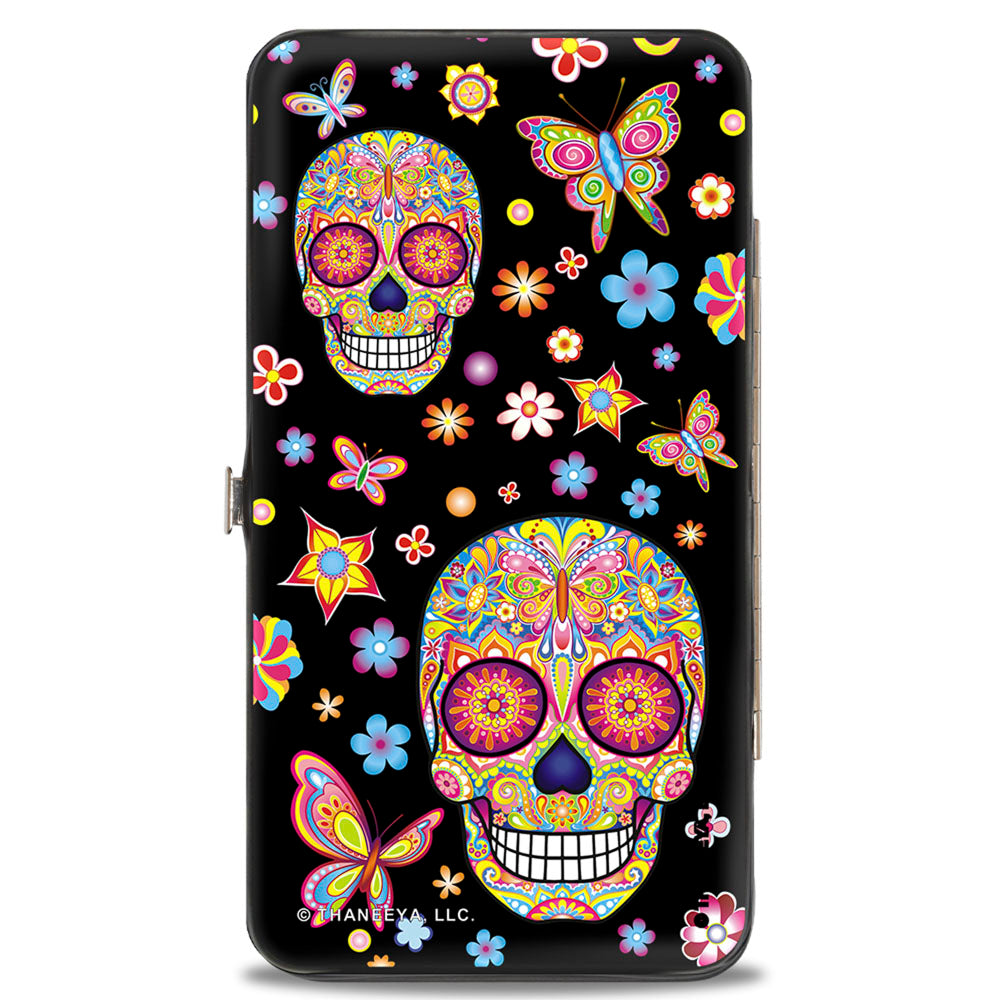 Hinged Wallet - Mariposa Calaveras Butterflies Flowers Black Multi Color