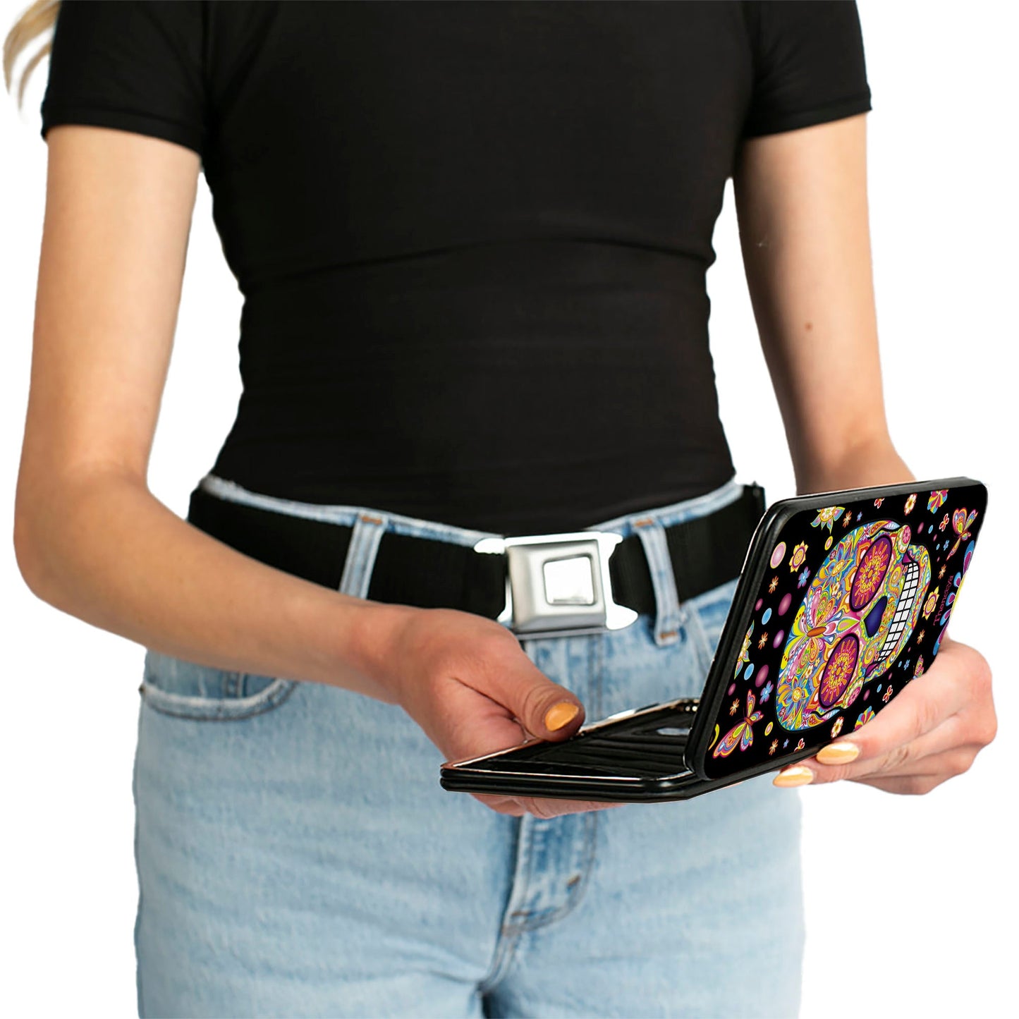 Hinged Wallet - Mariposa Calaveras Butterflies Flowers Black Multi Color