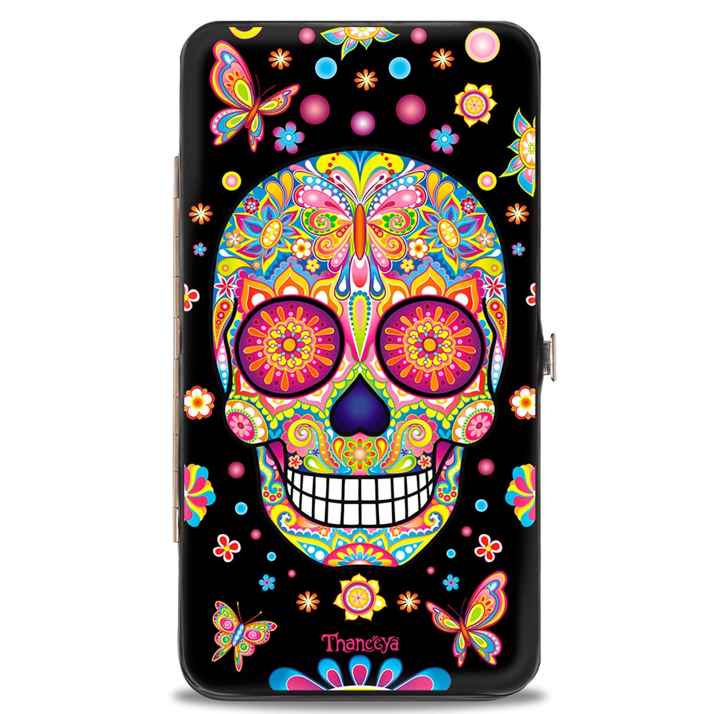 Hinged Wallet - Mariposa Calaveras Butterflies Flowers Black Multi Color