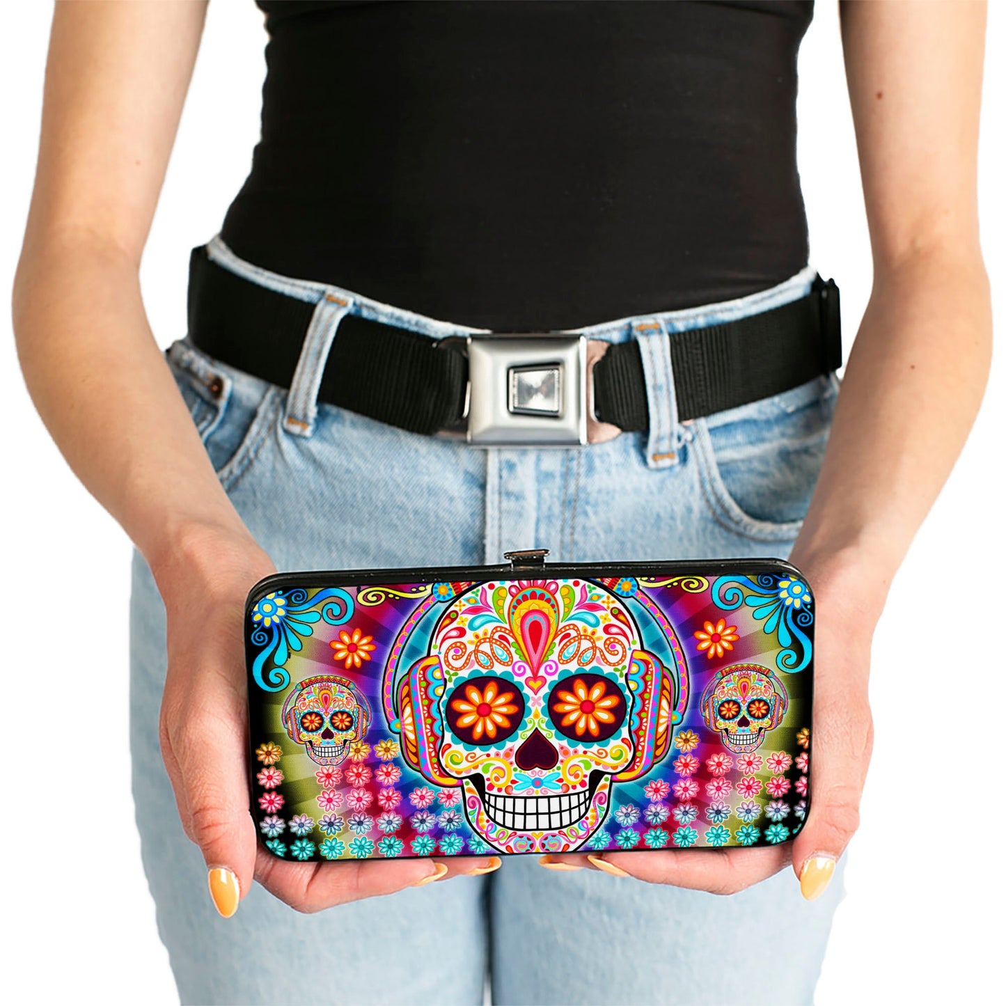 Hinged Wallet - Tranquility Beats Calaveras & Flowers Rays Black Multi Color