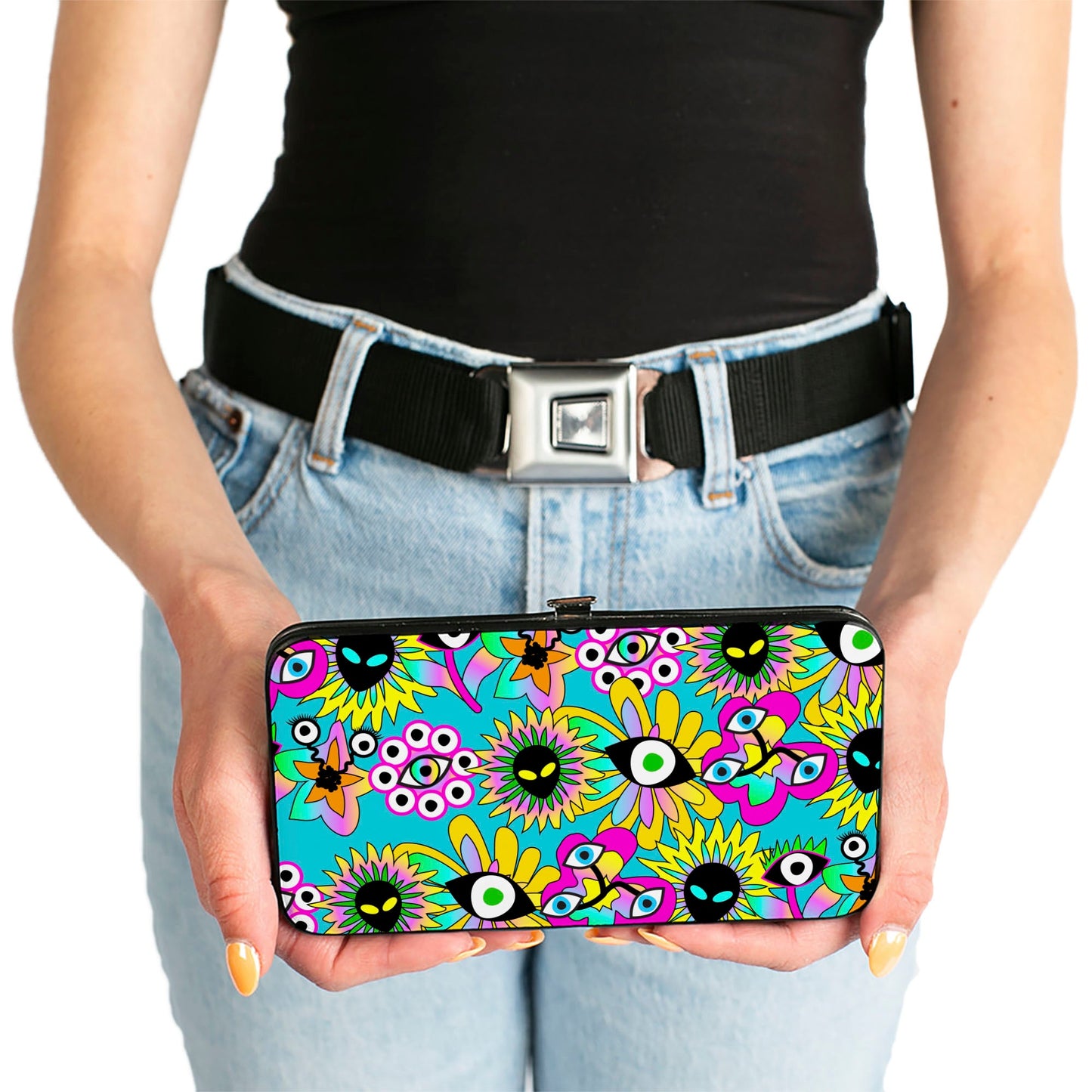 Hinged Wallet - Funky Alien Flowers Aqua Blue/Multi Color