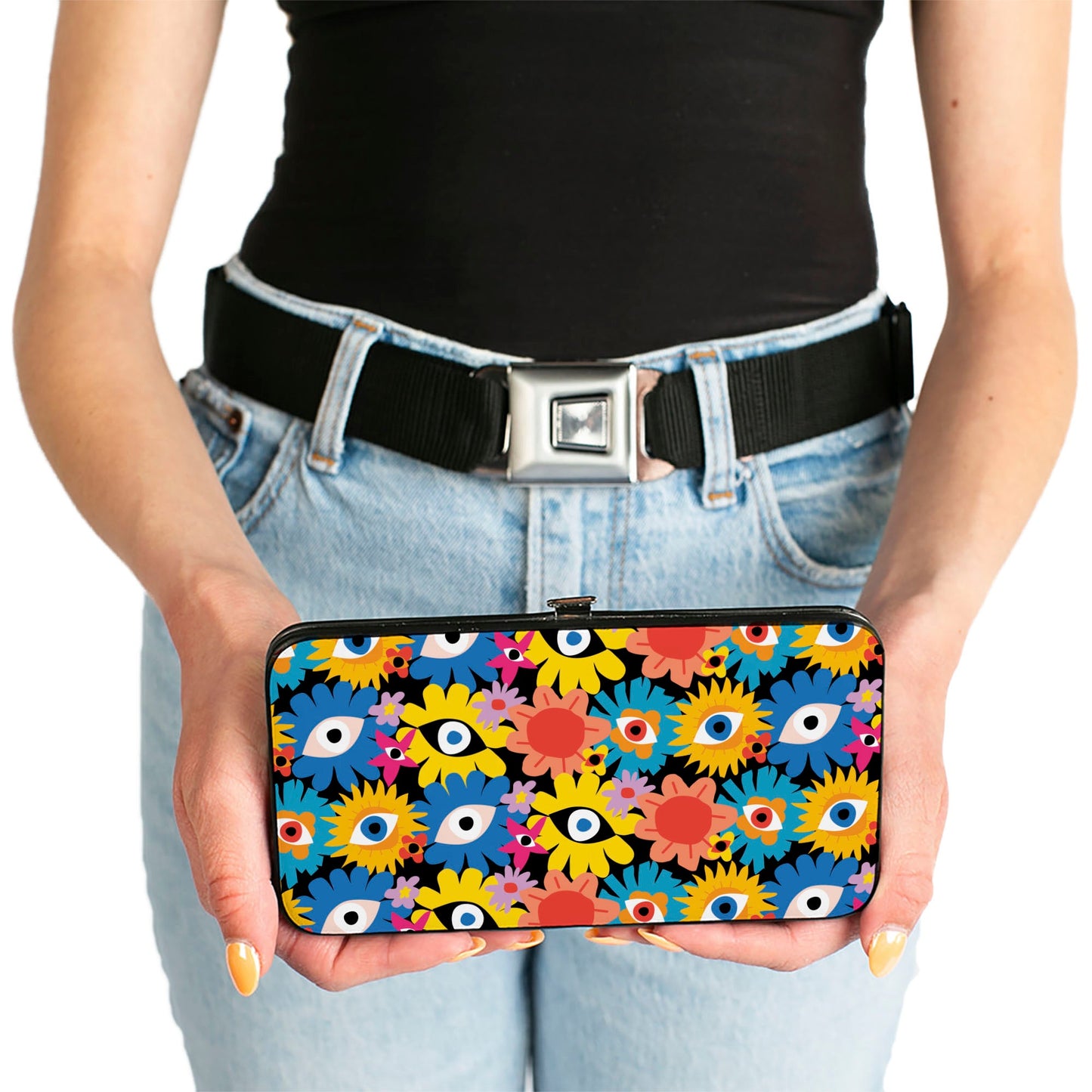 Hinged Wallet - Funky Eye Flowers Black/Multi Color