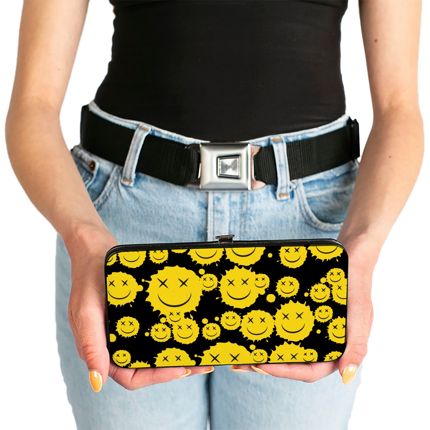 Hinged Wallet - Smiley Face Splatter Scattered Black/Yellow