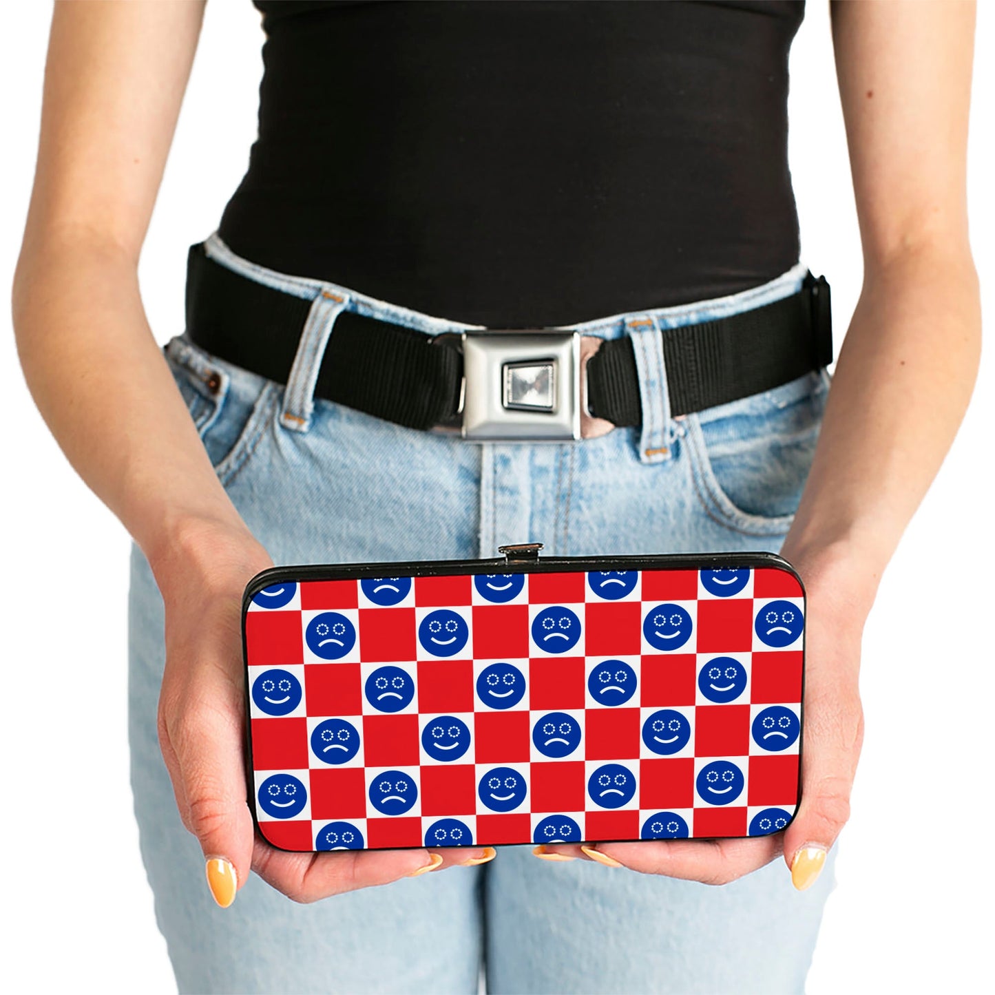 Hinged Wallet - Smiley Sad Face Checker Red/White/Blue