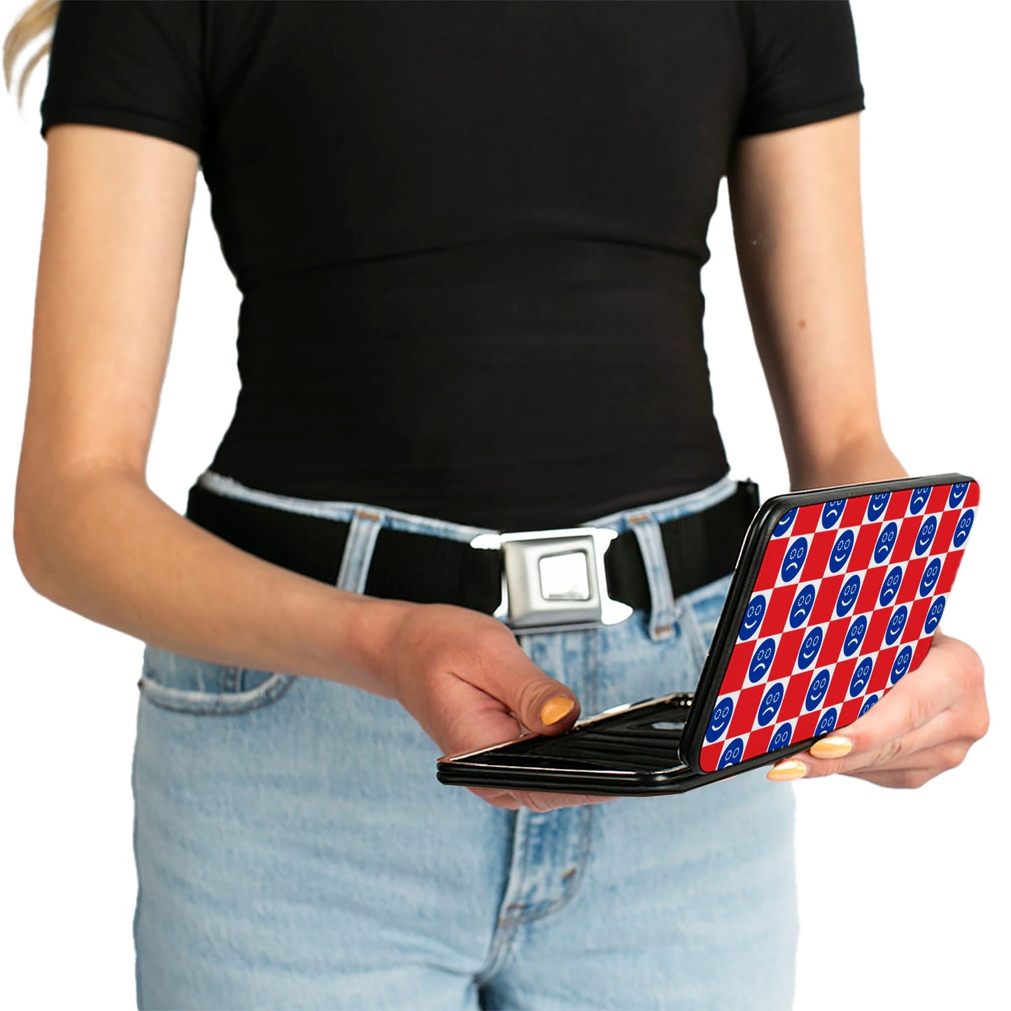 Hinged Wallet - Smiley Sad Face Checker Red/White/Blue