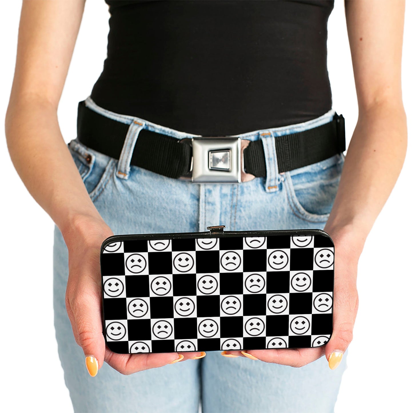 Hinged Wallet - Smiley Sad Face Checker Black/White
