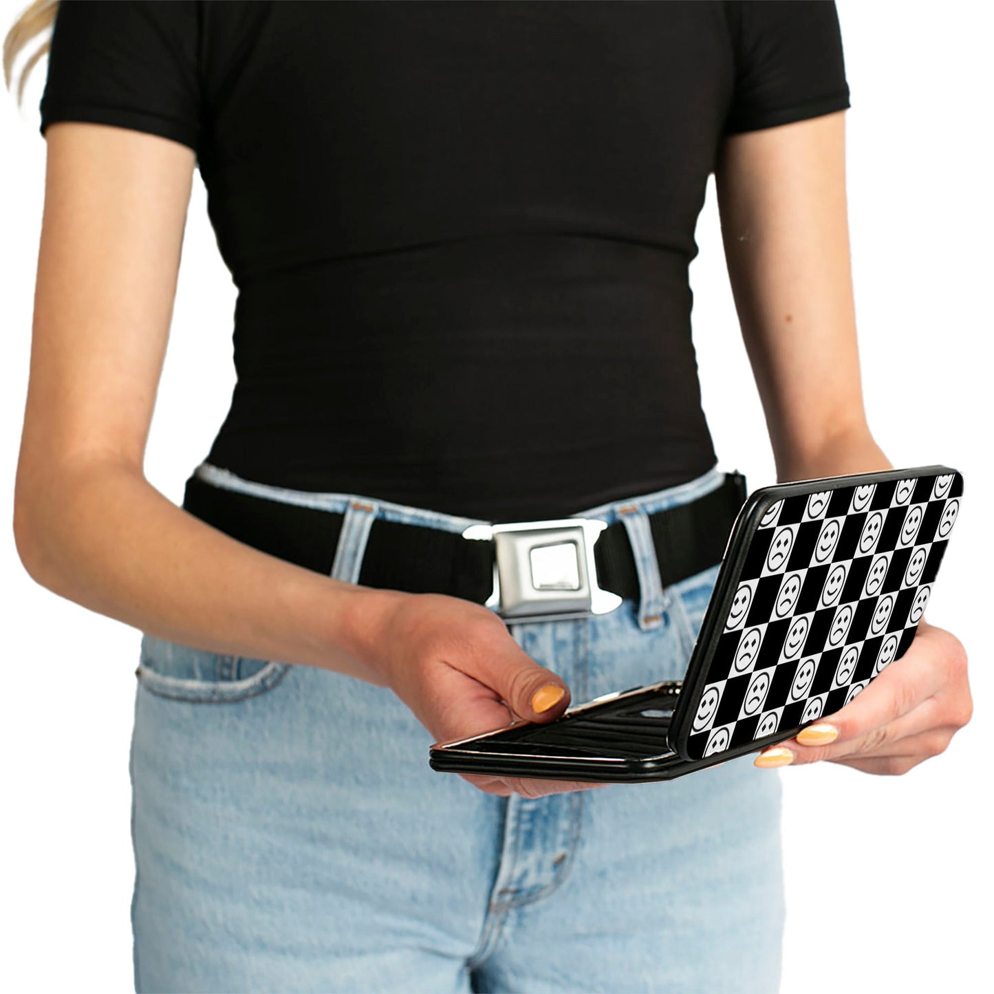 Hinged Wallet - Smiley Sad Face Checker Black/White