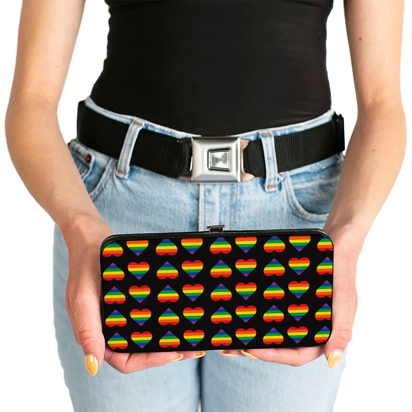 Hinged Wallet - Rainbow Hearts Flip Black Multi Color