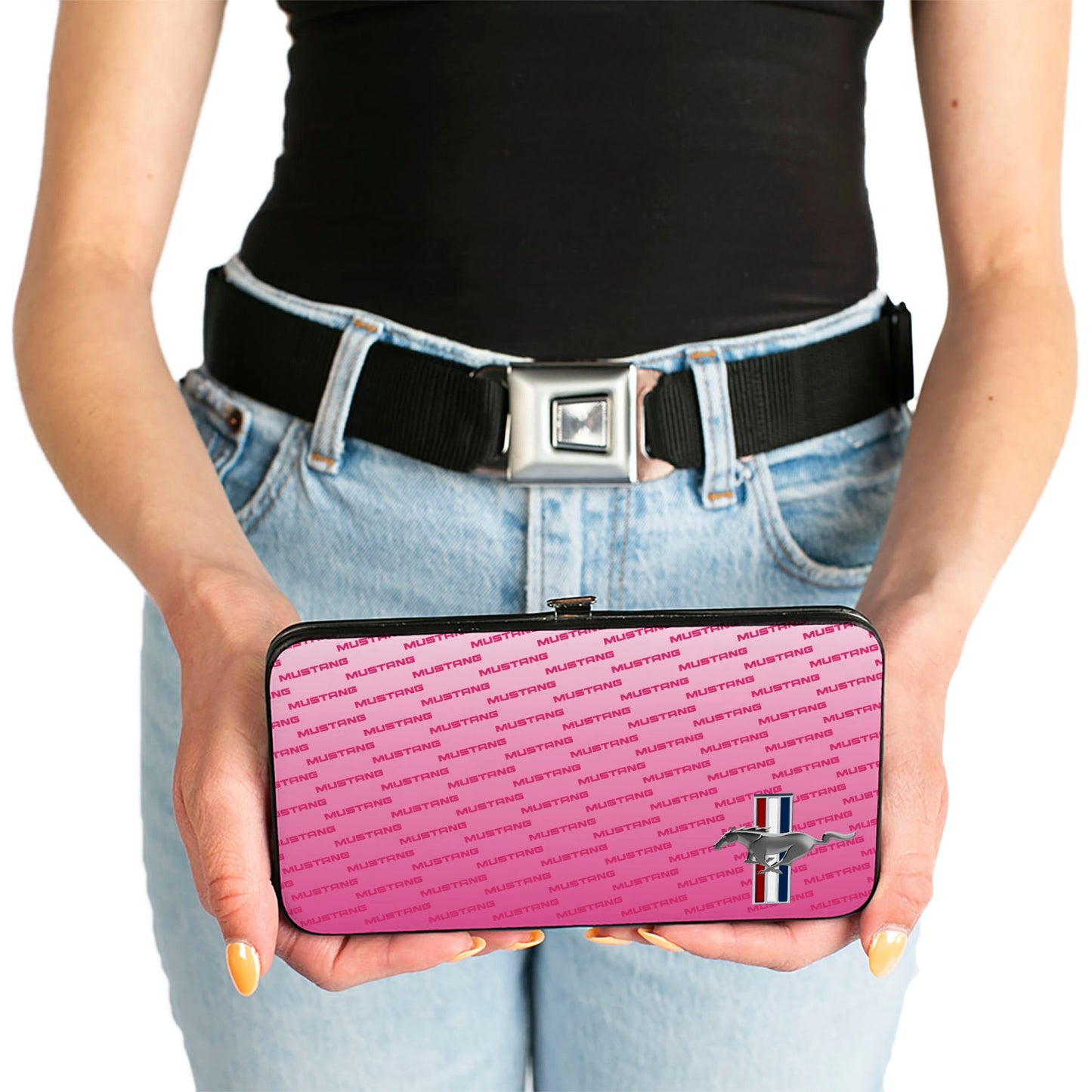 Hinged Wallet - Ford Mustang w Bars CORNER w Text PINK