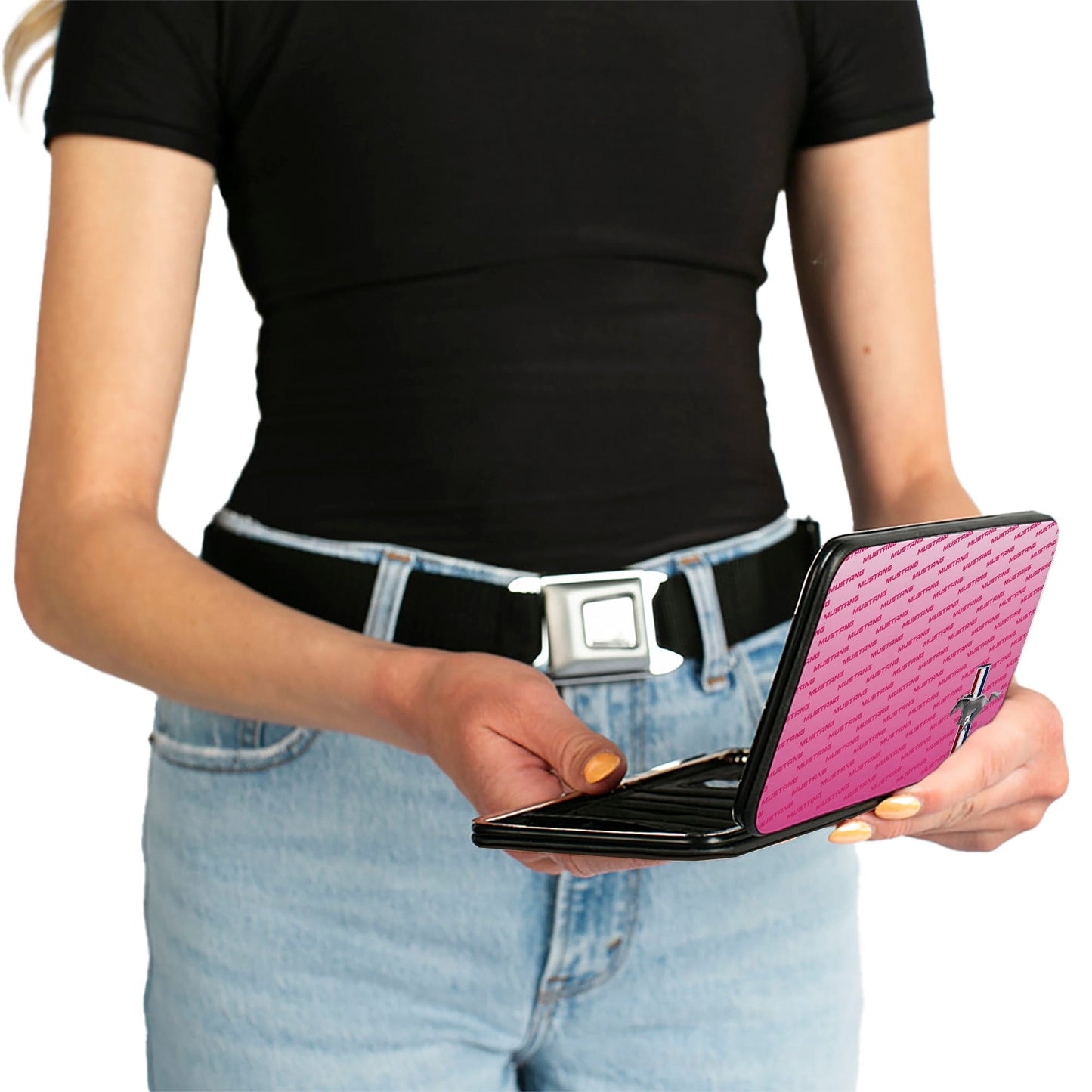 Hinged Wallet - Ford Mustang w Bars CORNER w Text PINK