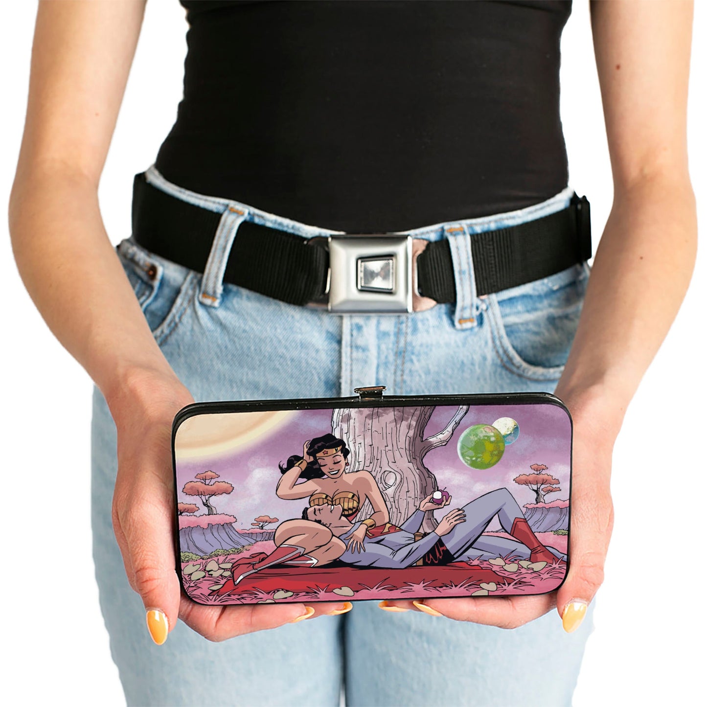 Hinged Wallet - Superman Wonder Woman Issue #14 Sitting Under Tree Variant Cover Pose + WONDER WOMAN Script Pink