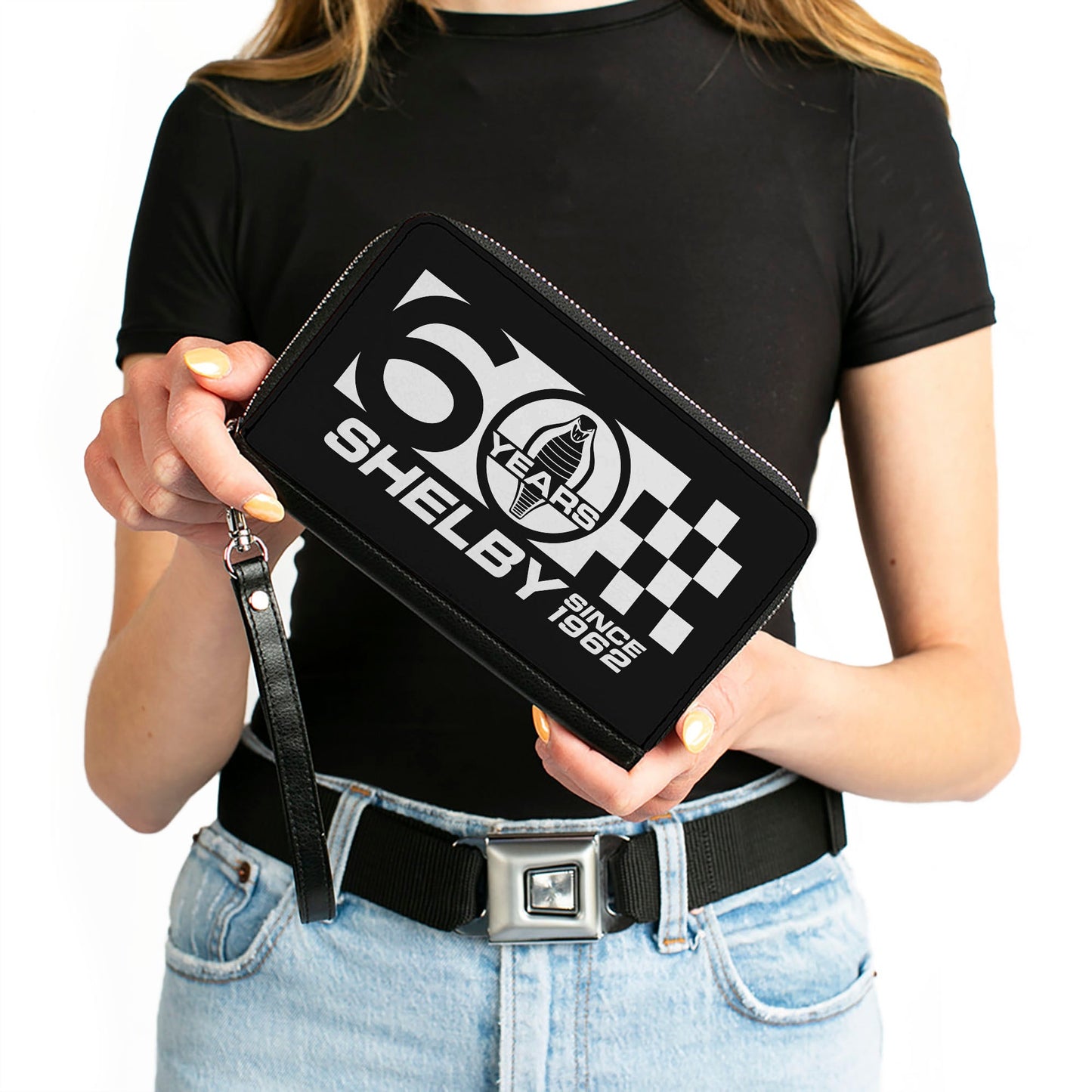 PU Zip Around Wallet Rectangle - Carroll Shelby 60 YEARS-SHELBY SINCE 1962 Checker Logo Black/White