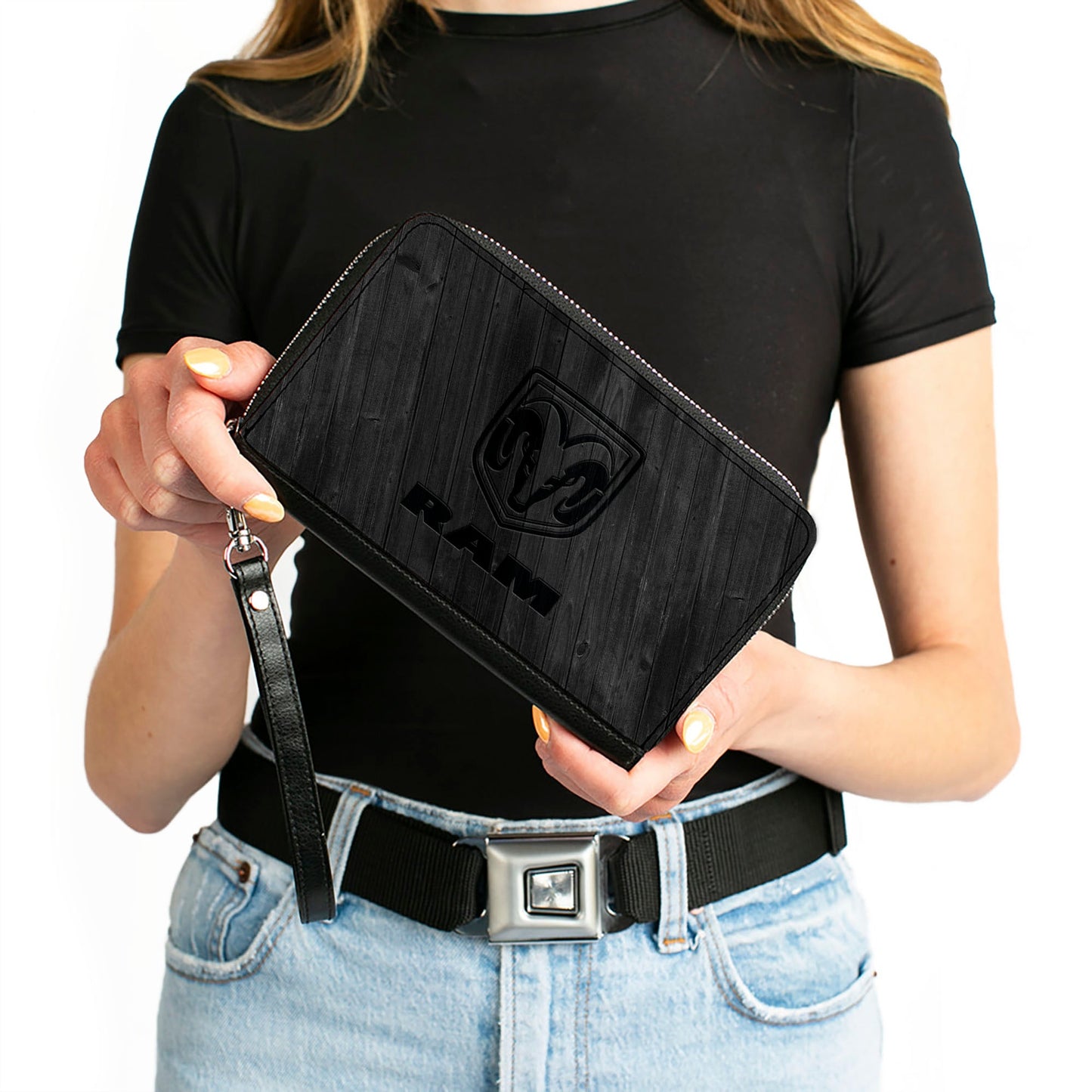 PU Zip Around Wallet Rectangle - RAM Logo Wood Grain Grays