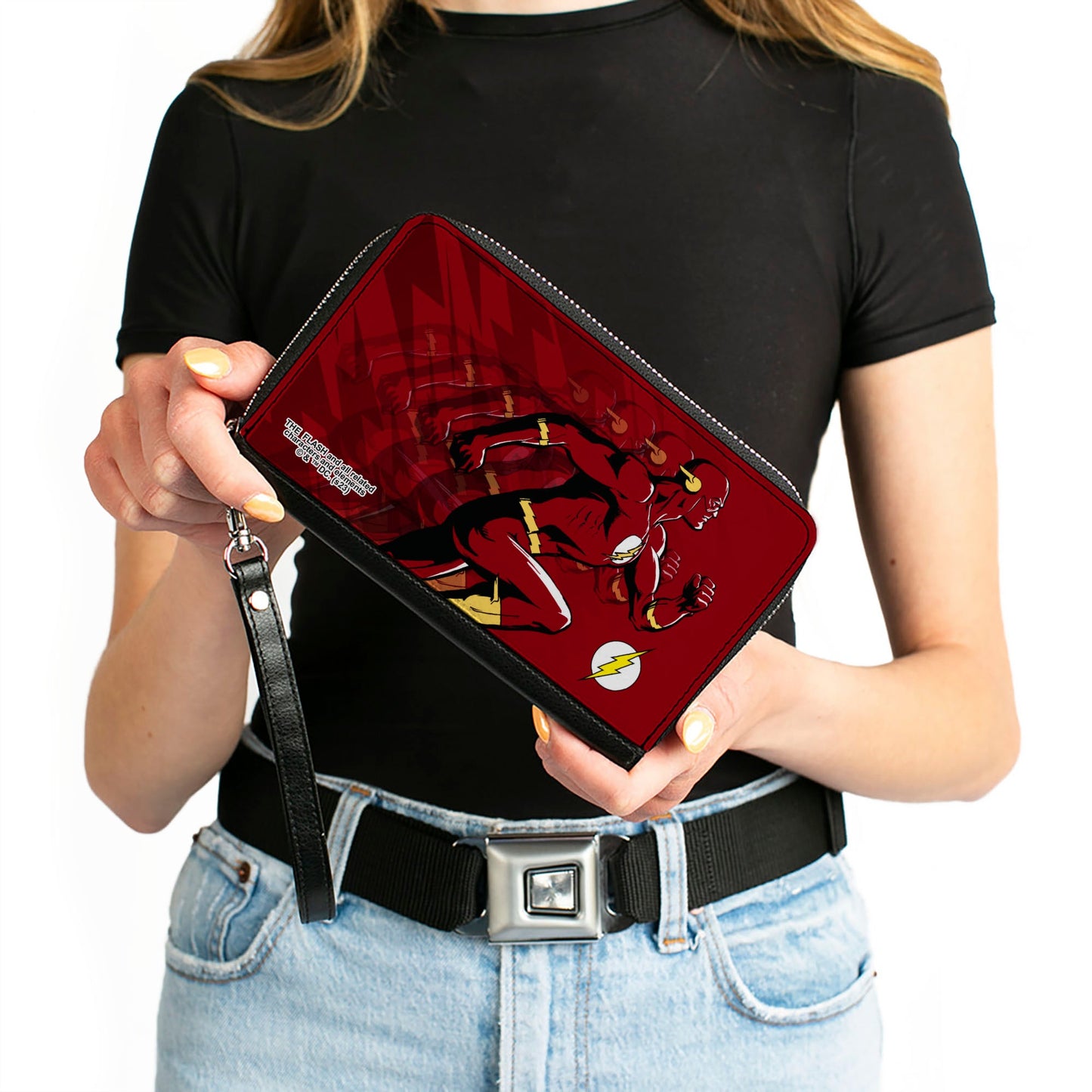 PU Zip Around Wallet Rectangle - The Flash Running Pose and Bolt Trails Reds