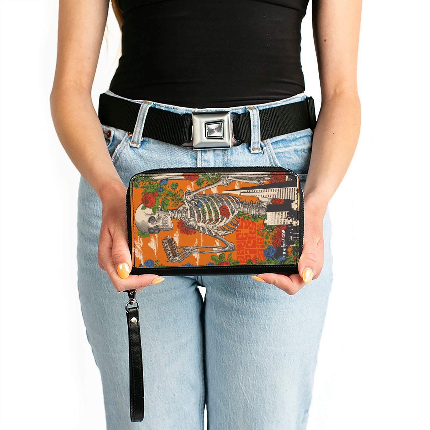 PU Zip Around Wallet Rectangle - Grateful Dead Dave's Picks Skull and Roses Cover Orange