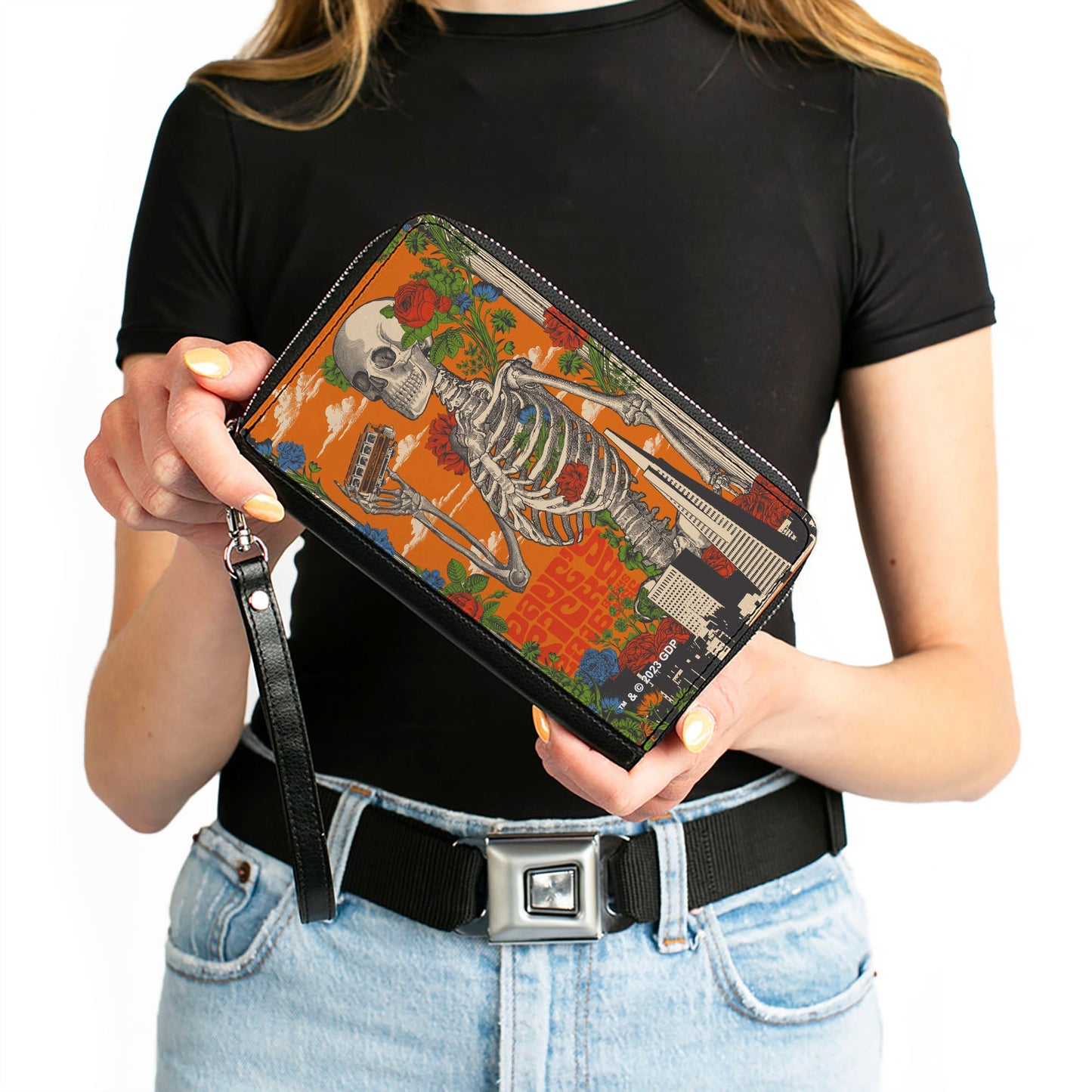 PU Zip Around Wallet Rectangle - Grateful Dead Dave's Picks Skull and Roses Cover Orange