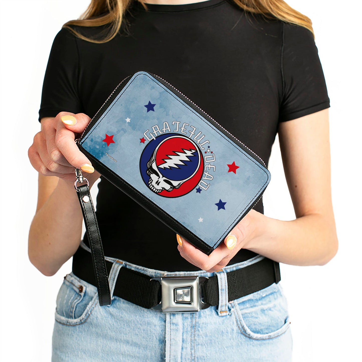 Women's PU Zip Around Wallet Rectangle - GRATEFUL DEAD Steal Your Face Logo Stars Blues White Red
