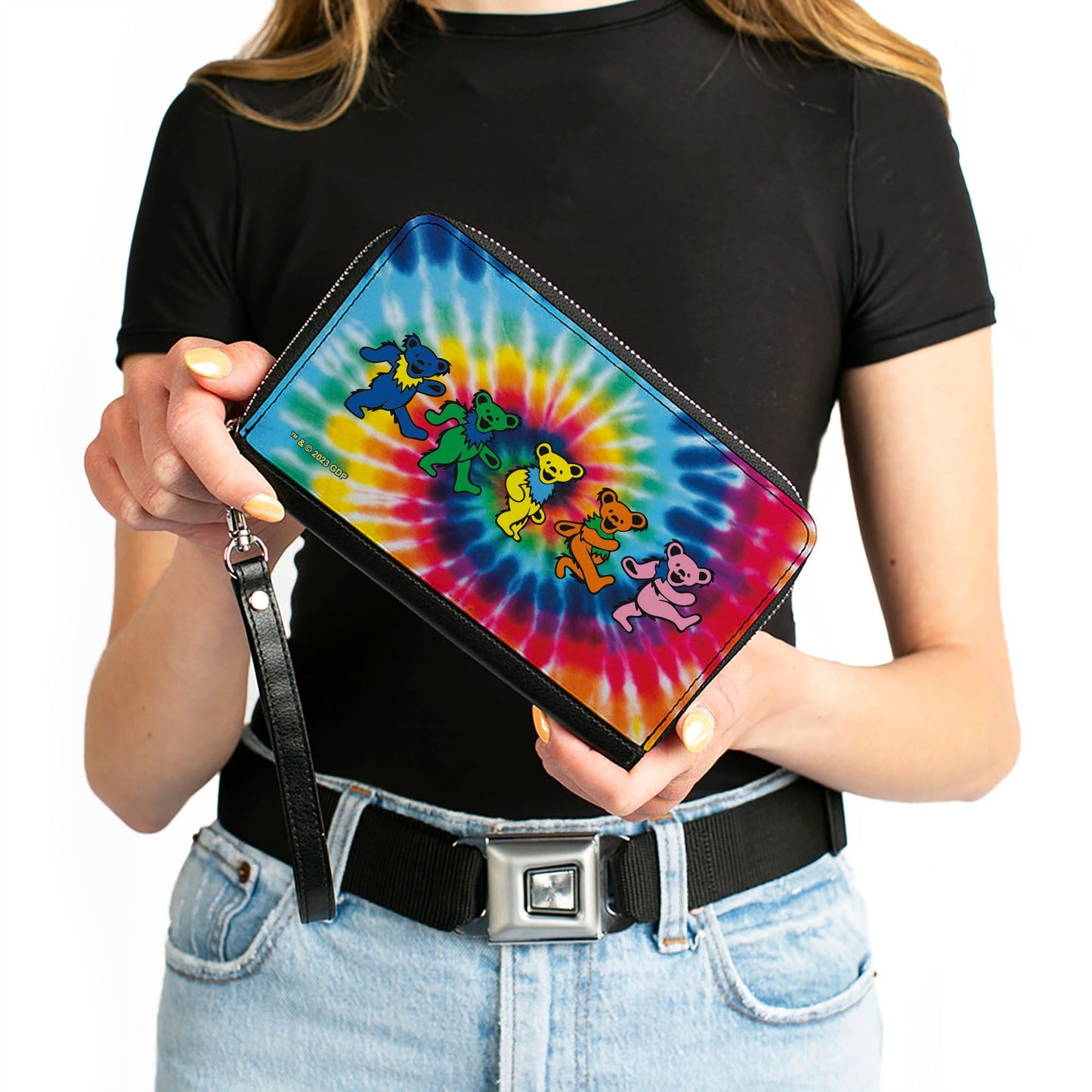 PU Zip Around Wallet Rectangle - Grateful Dead Dancing Bears Swirl Tie Dye Multi Color