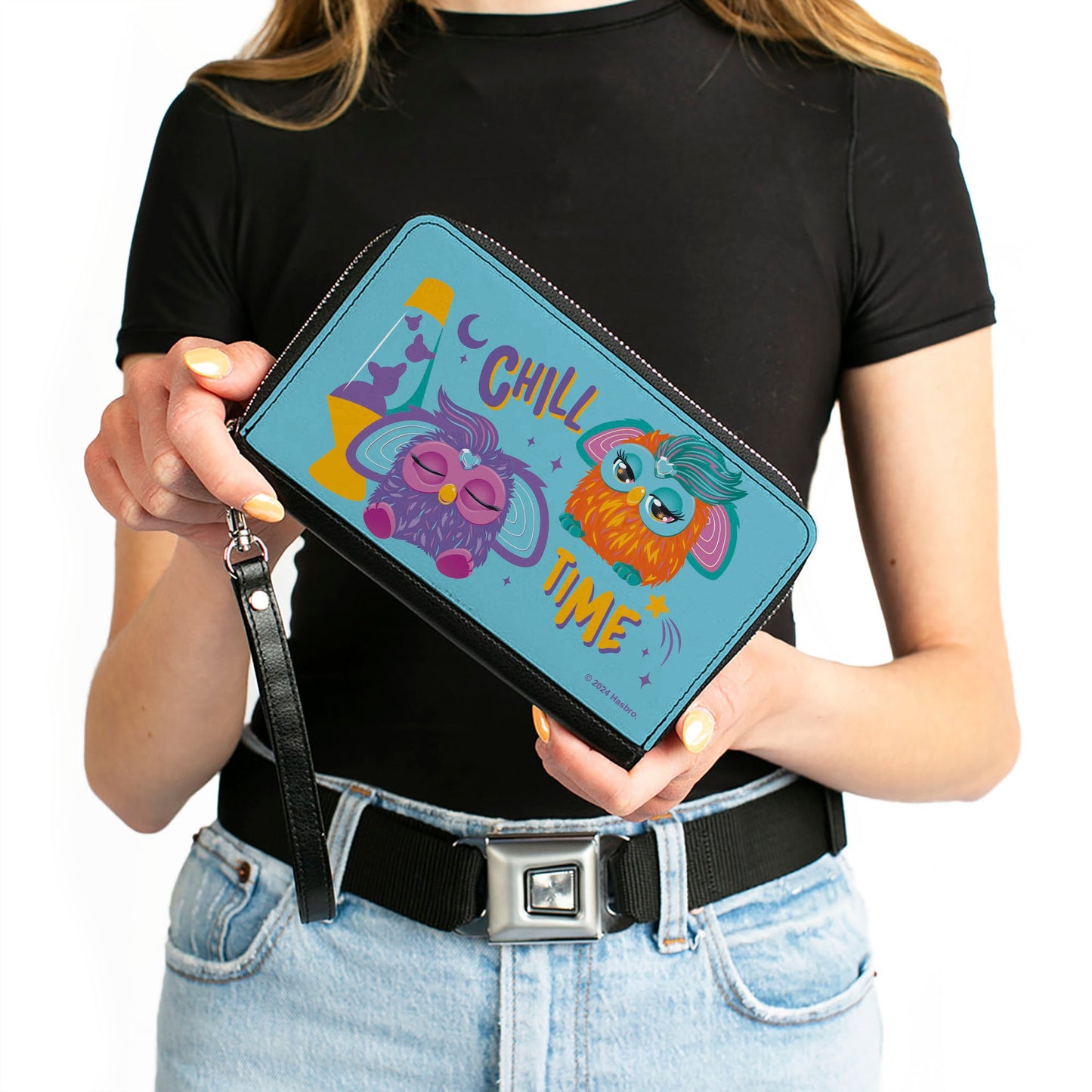 PU Zip Around Wallet Rectangle - Furby Purple and Orange Furby CHILL TIME Pose Blue/Purple