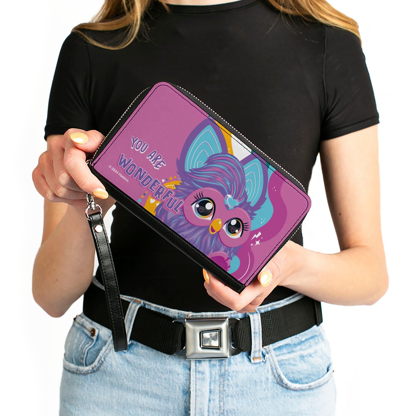 PU Zip Around Wallet Rectangle - Furby Purple Furby YOU ARE WONDERFUL Running Pose Pinks/Purples