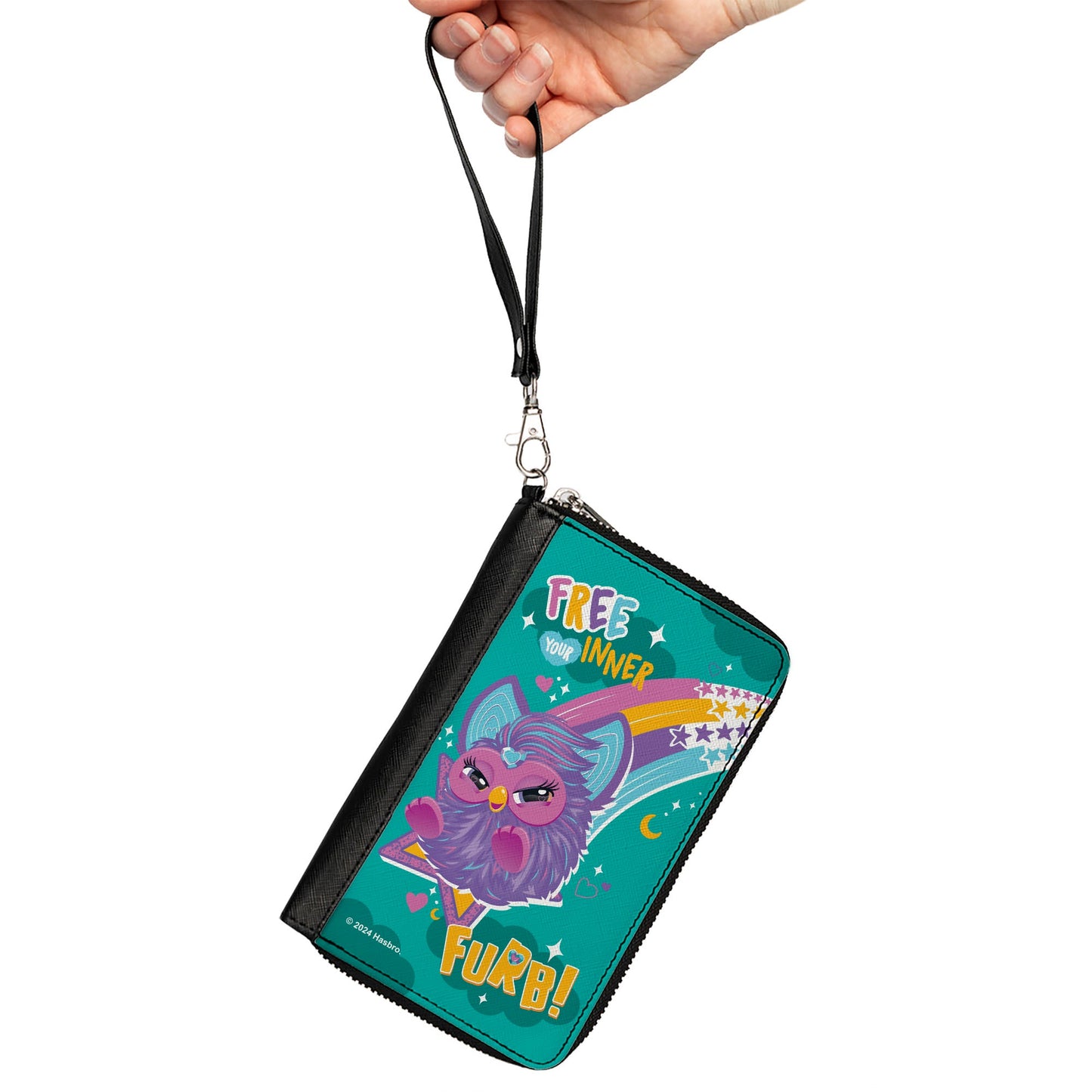 PU Zip Around Wallet Rectangle - Furby Purple Furby FREE YOUR INNER FURB Rainbow Pose Teal/Multi Color