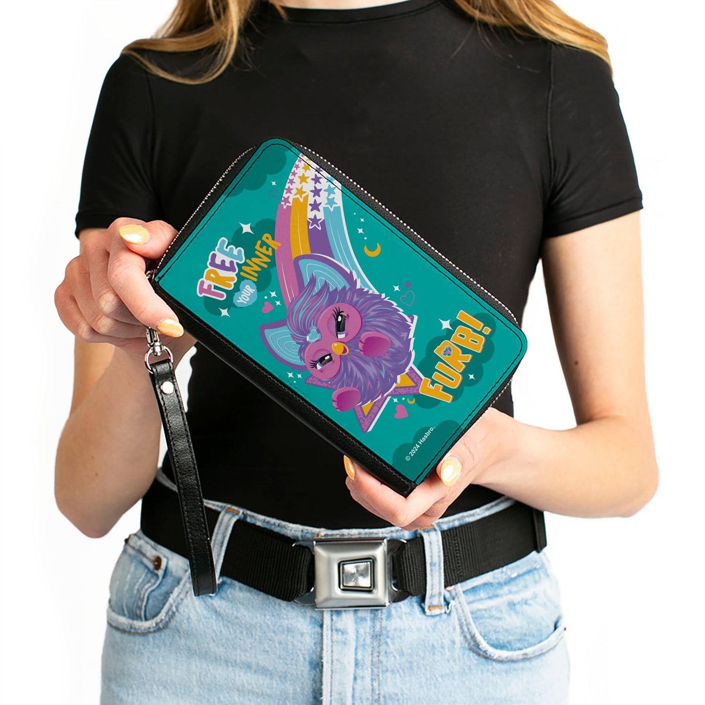 PU Zip Around Wallet Rectangle - Furby Purple Furby FREE YOUR INNER FURB Rainbow Pose Teal/Multi Color