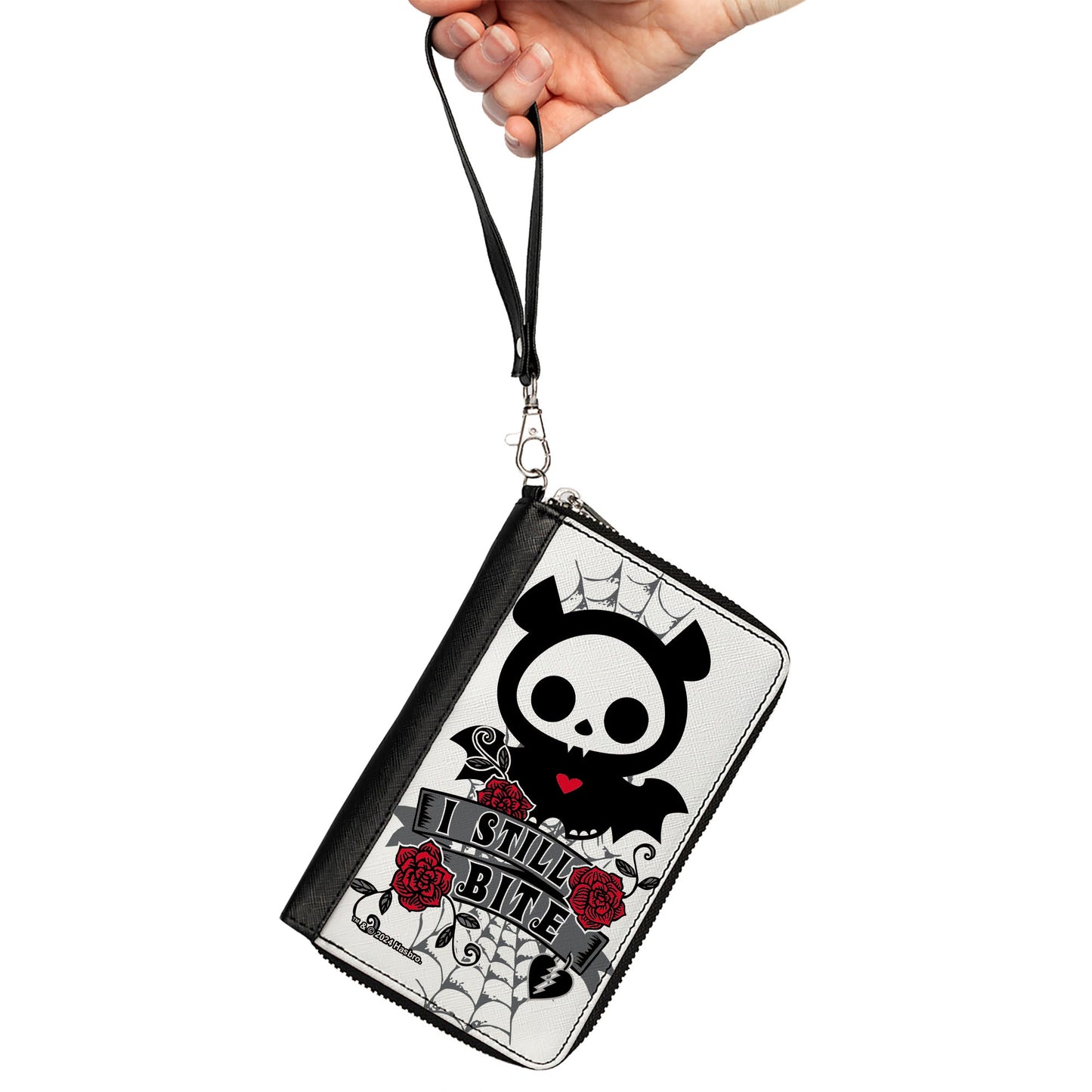 PU Zip Around Wallet Rectangle - Skelanimals Diego the Bat I STILL BITE Pose White/Gray/Black/Red