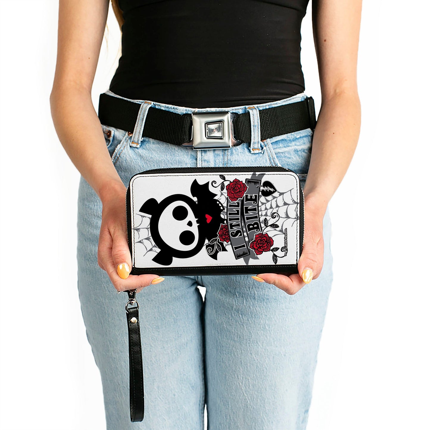 PU Zip Around Wallet Rectangle - Skelanimals Diego the Bat I STILL BITE Pose White/Gray/Black/Red