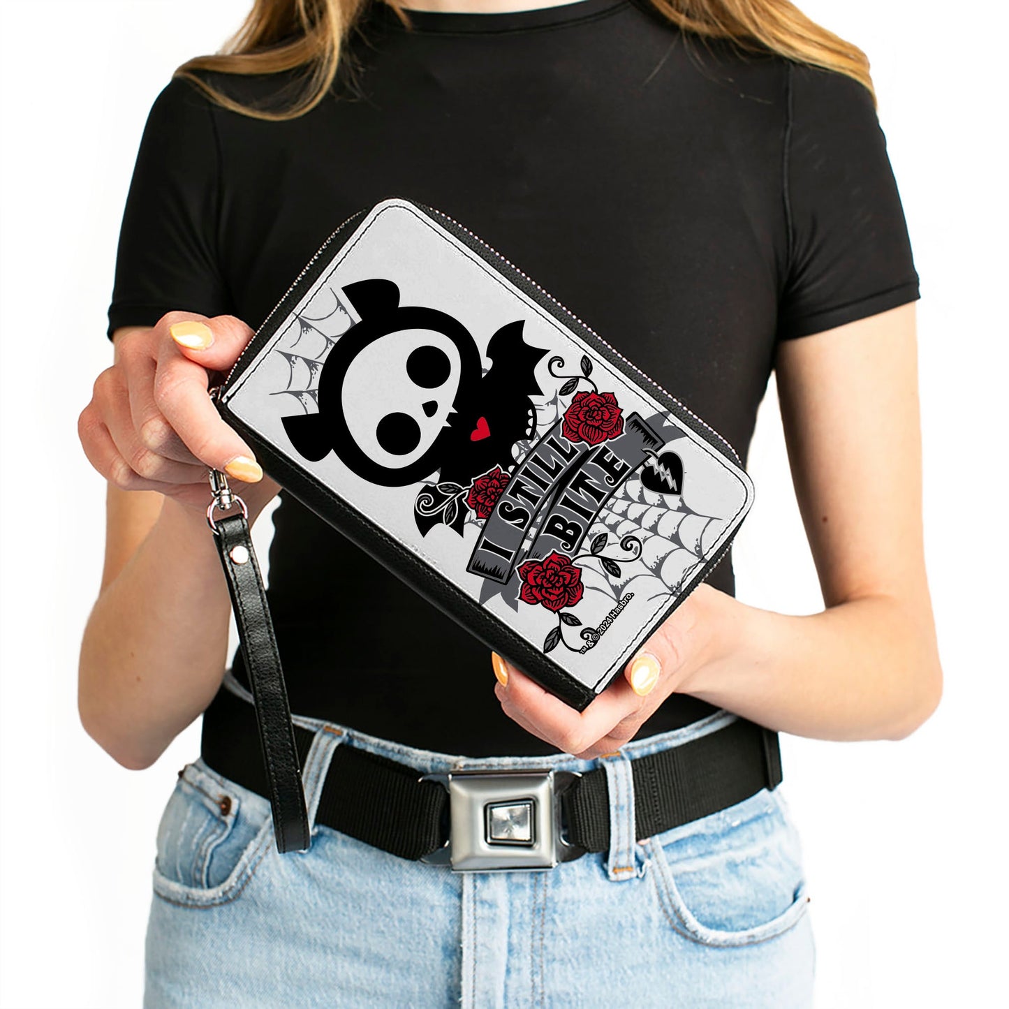 PU Zip Around Wallet Rectangle - Skelanimals Diego the Bat I STILL BITE Pose White/Gray/Black/Red