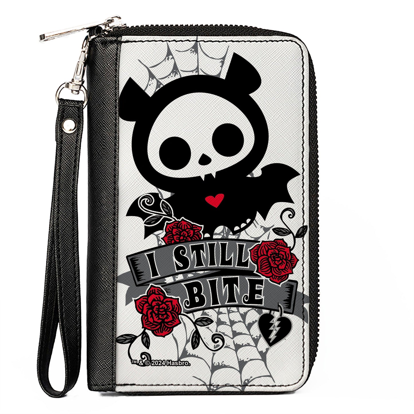 PU Zip Around Wallet Rectangle - Skelanimals Diego the Bat I STILL BITE Pose White/Gray/Black/Red