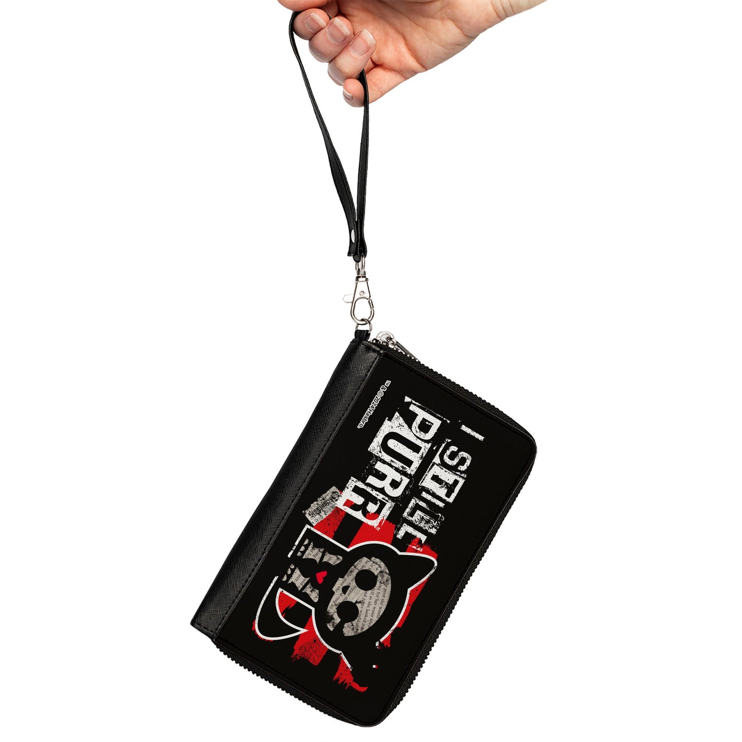 PU Zip Around Wallet Rectangle - Skelanimals Kit the Cat I STILL PURR Pose Red/Black/White