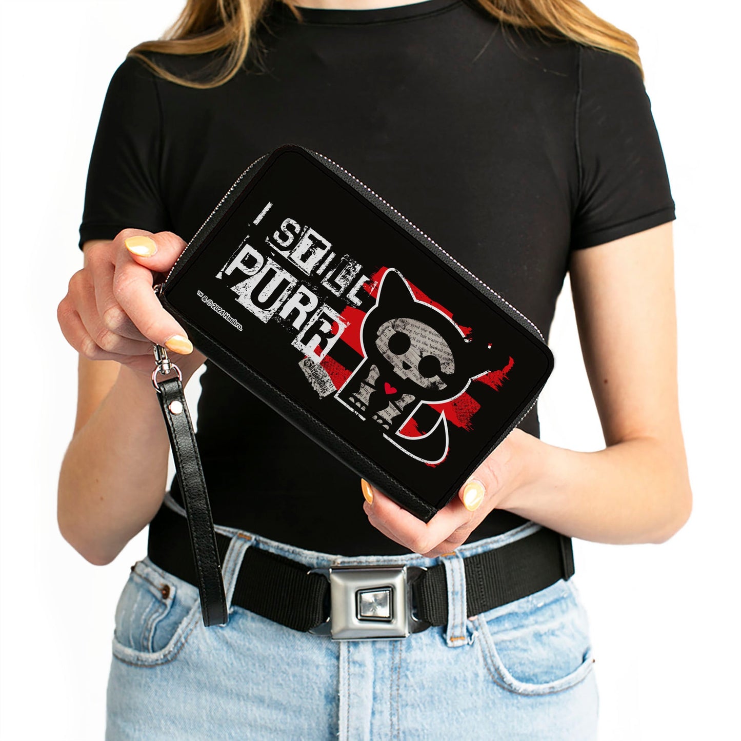 PU Zip Around Wallet Rectangle - Skelanimals Kit the Cat I STILL PURR Pose Red/Black/White
