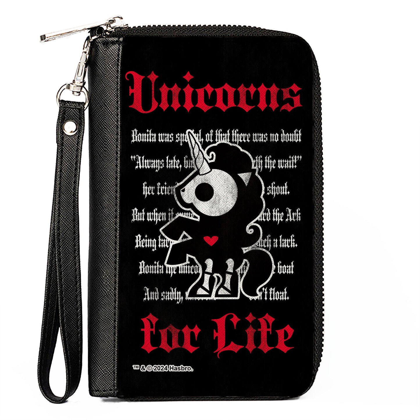 PU Zip Around Wallet Rectangle - Skelanimals Bonita the Unicorn UNICORNS FOR LIFE Pose Black/Red/White