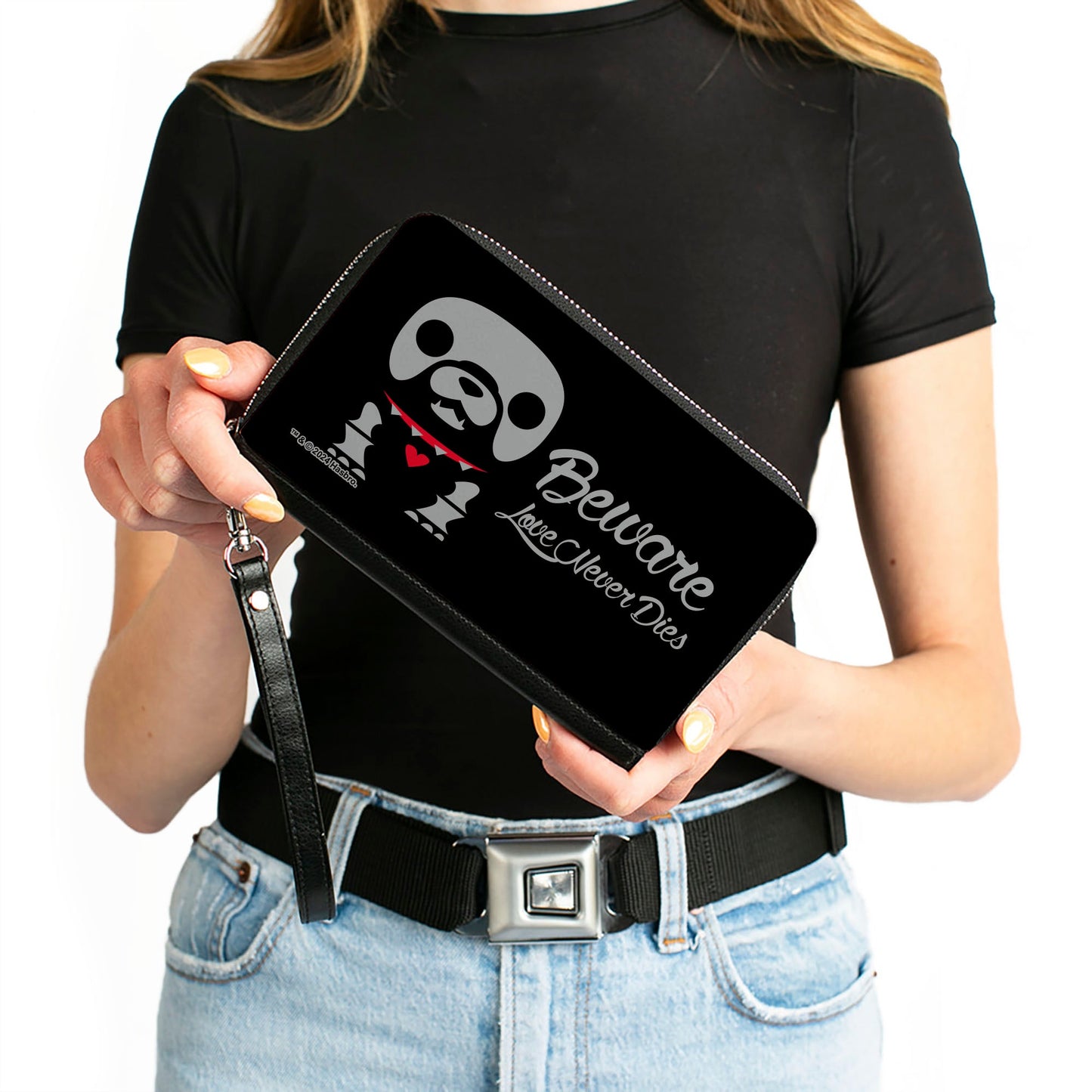 PU Zip Around Wallet Rectangle - Skelanimals Maxx the Bulldog BEWARE LOVE NEVER DIES Pose Black/White/Red