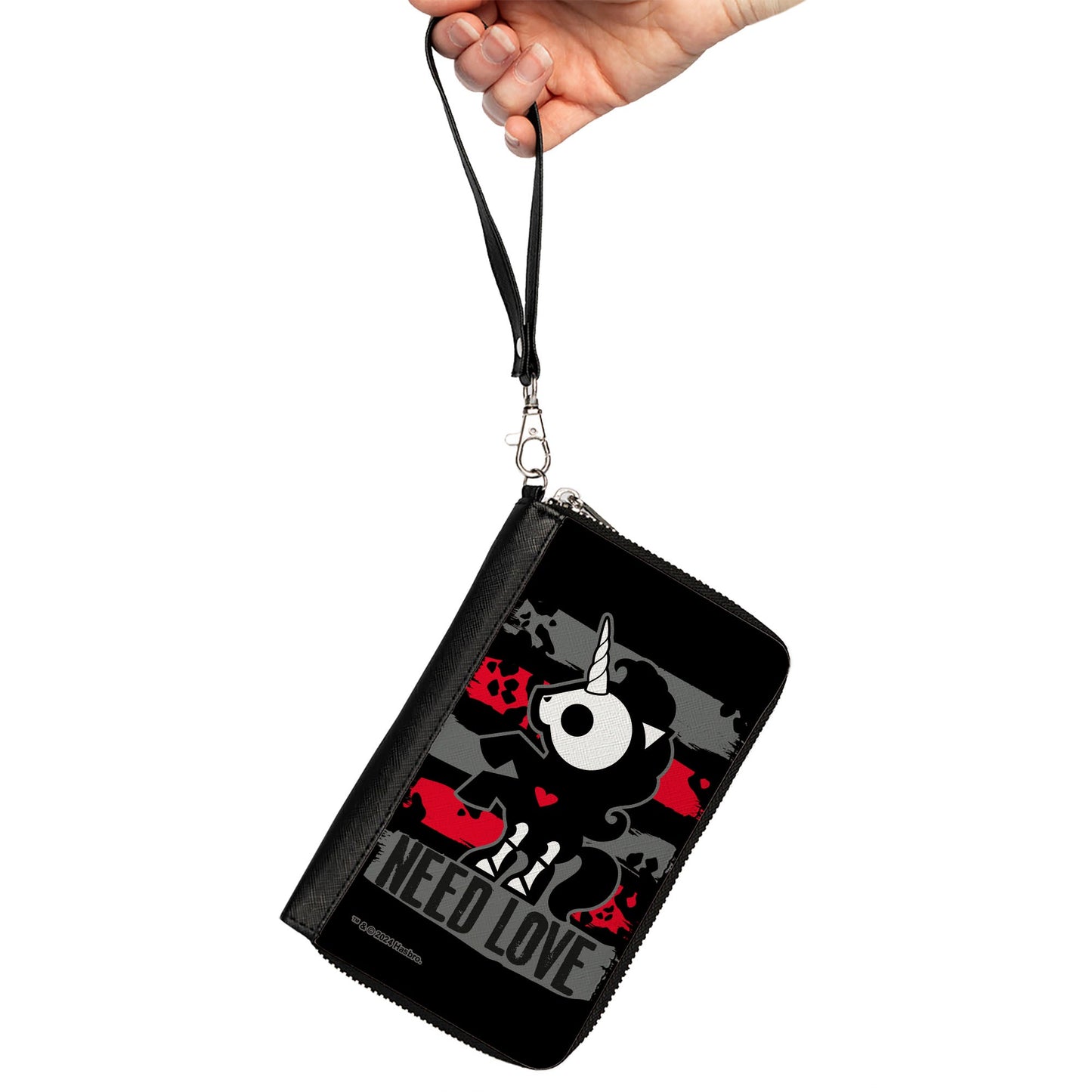 PU Zip Around Wallet Rectangle - Skelanimals Bonita the Unicorn NEED LOVE Pose Black/Gray/Red/White