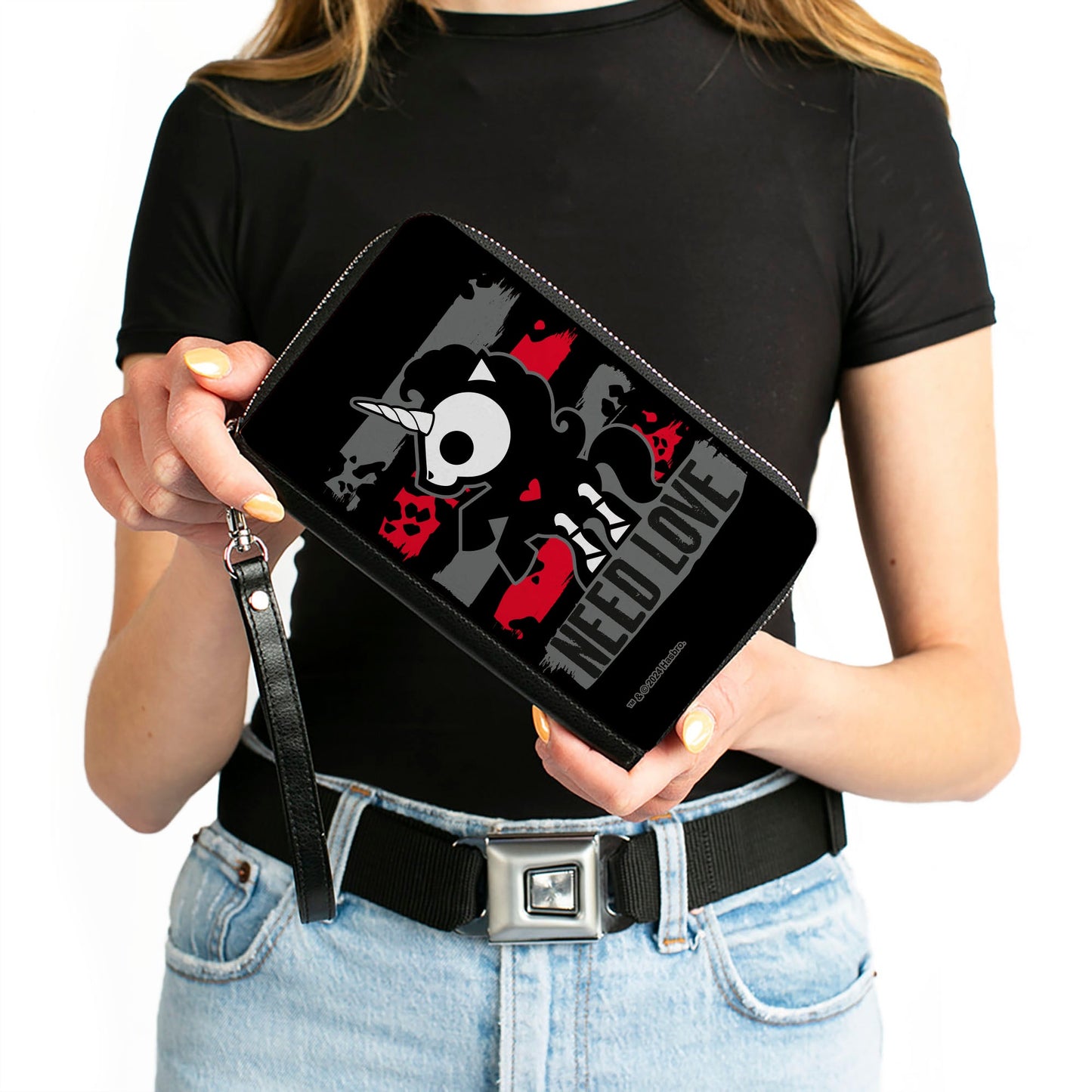 PU Zip Around Wallet Rectangle - Skelanimals Bonita the Unicorn NEED LOVE Pose Black/Gray/Red/White