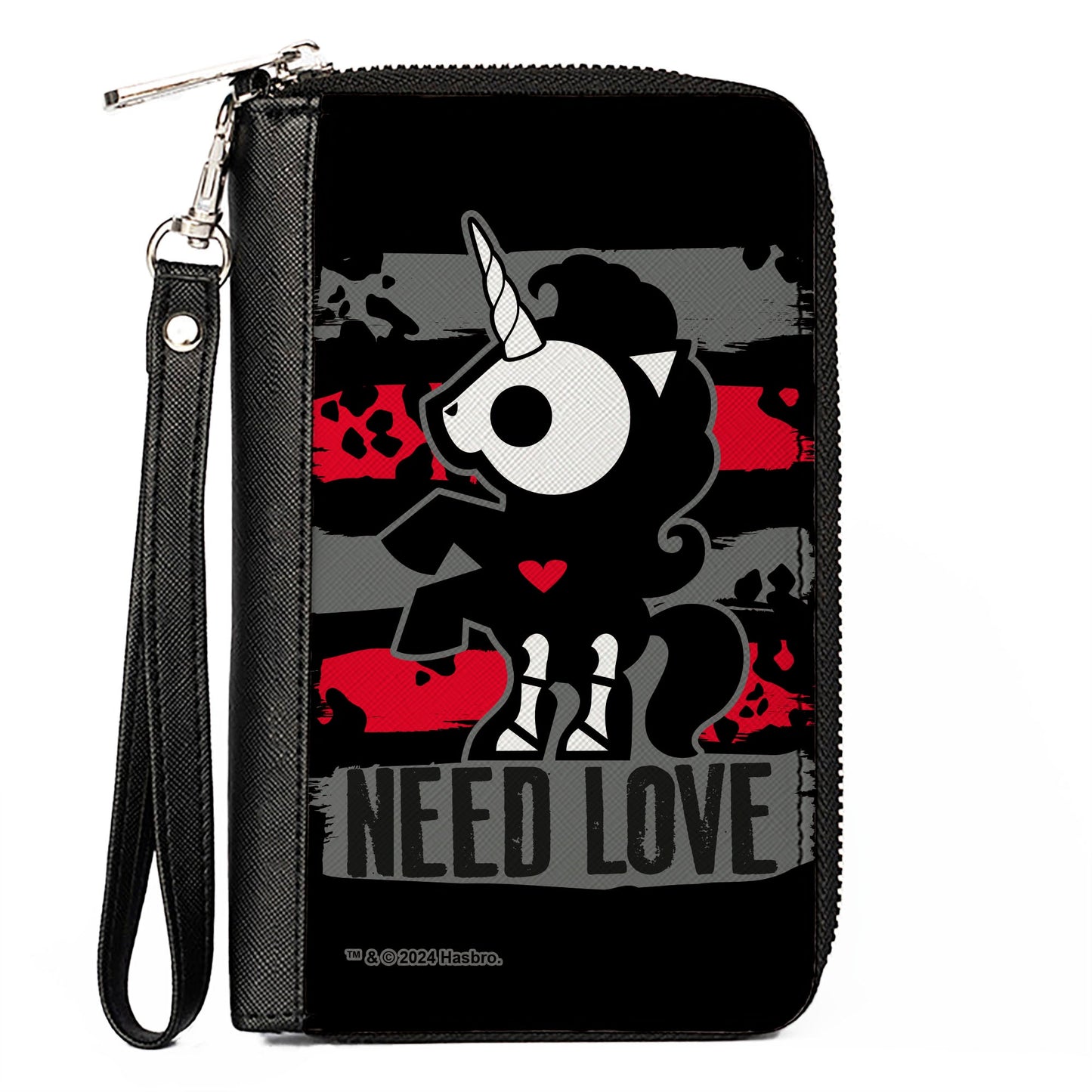 PU Zip Around Wallet Rectangle - Skelanimals Bonita the Unicorn NEED LOVE Pose Black/Gray/Red/White