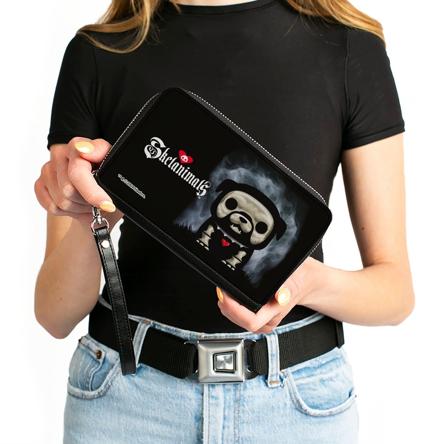PU Zip Around Wallet Rectangle - SKELANIMALS Maxx the Bulldog Fog Pose and Title Logo Black/White