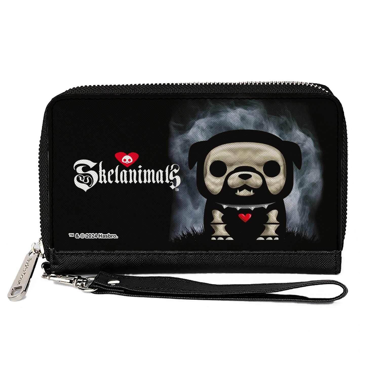 PU Zip Around Wallet Rectangle - SKELANIMALS Maxx the Bulldog Fog Pose and Title Logo Black/White